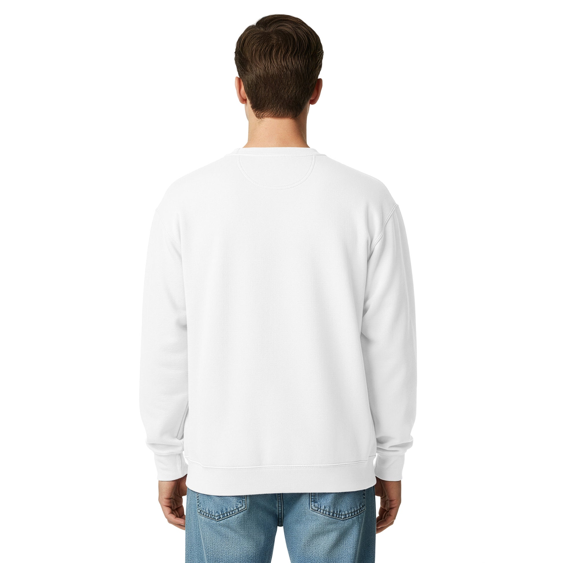 Unisex garment-dyed sweatshirt, white, back view, crewneck long sleeves
