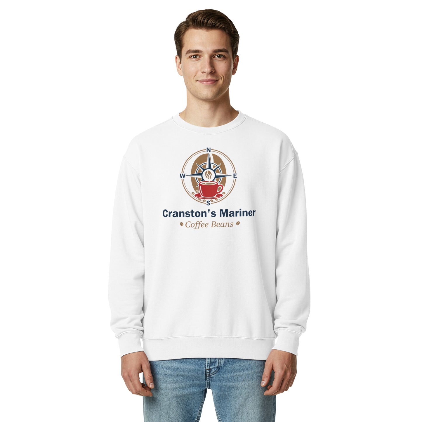 Unisex garment-dyed sweatshirt, white, front graphic logo print, crewneck long sleeves