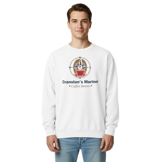 Unisex garment-dyed sweatshirt, white, front graphic logo print, crewneck long sleeves