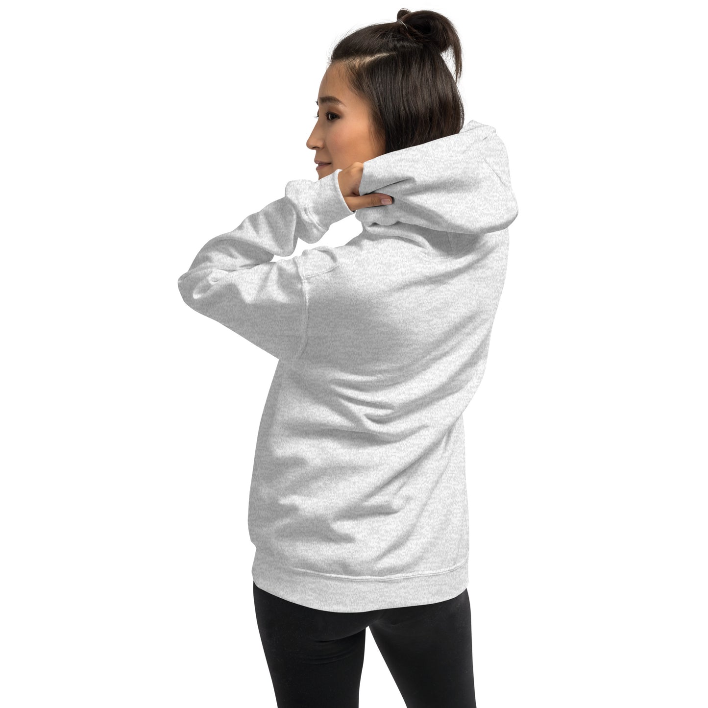 Unisex hoodie, light heather gray, back view with hood and kangaroo pocket