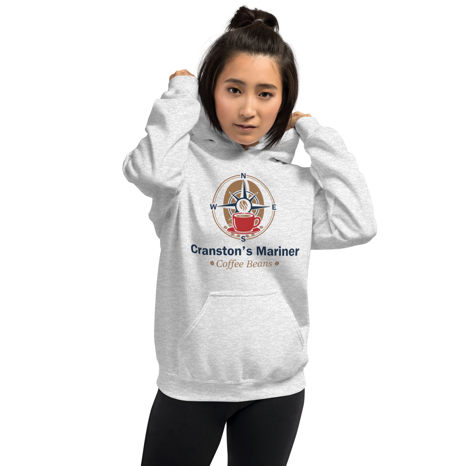 Unisex hoodie in light gray with hood, kangaroo pocket, and mariner coffee graphic