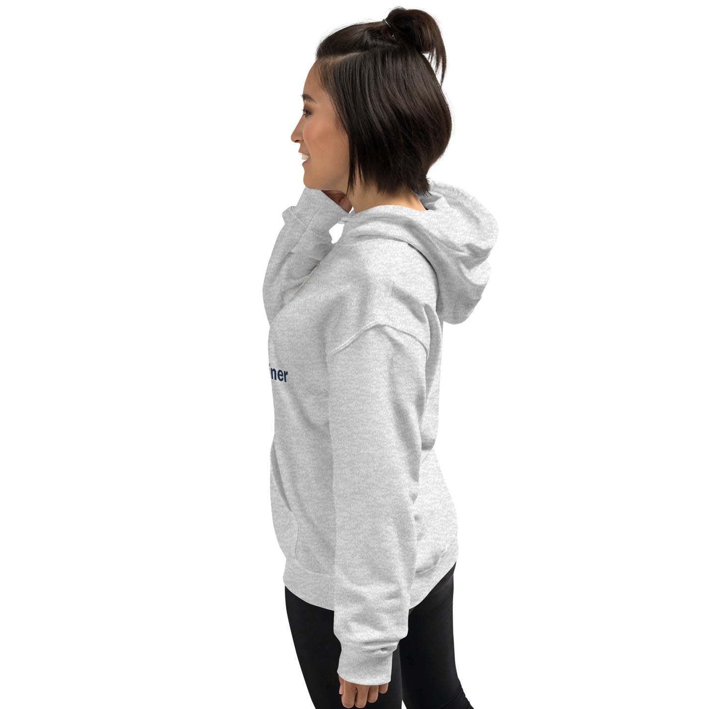 Unisex hoodie, light heather gray, side view with hood and kangaroo pocket
