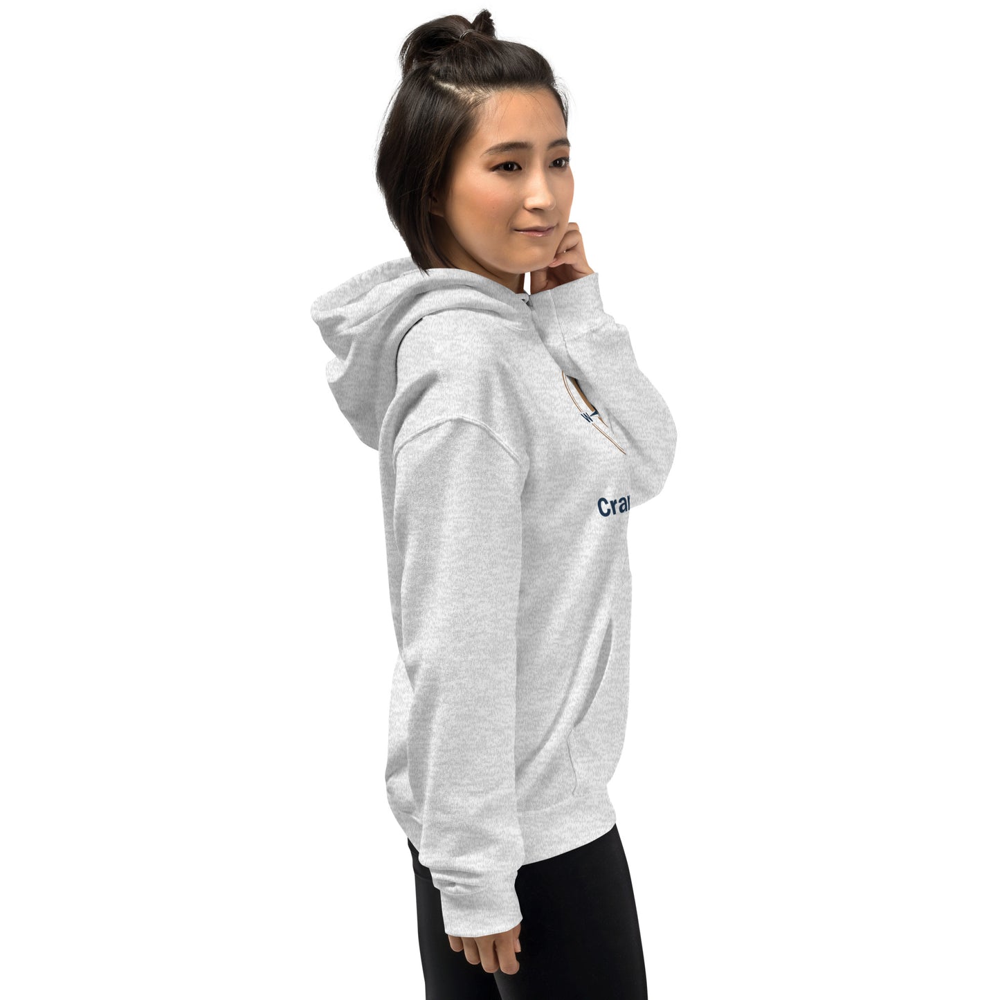 Unisex hoodie, light heather gray, side view with hood and sleeve detail