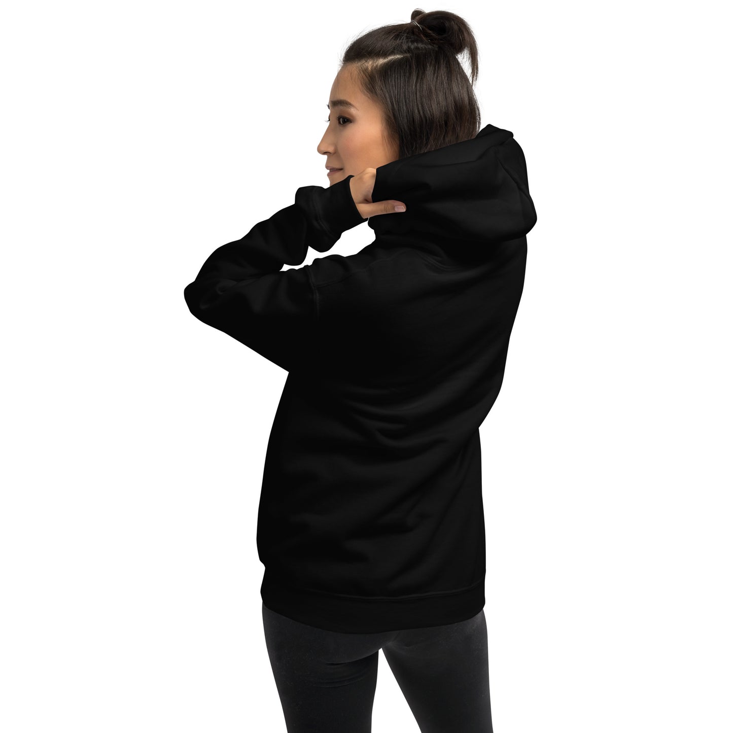 Hoodie in black with hood and long sleeves; back view