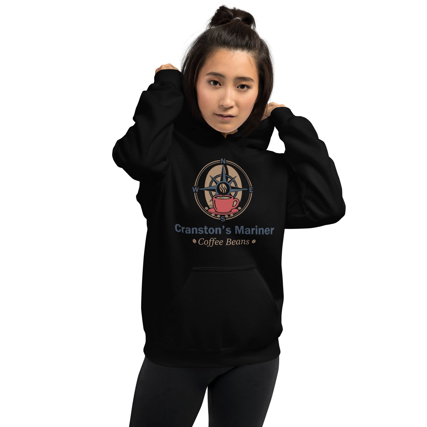 Hoodie in black with hood, kangaroo pocket, and mariner coffee beans front graphic