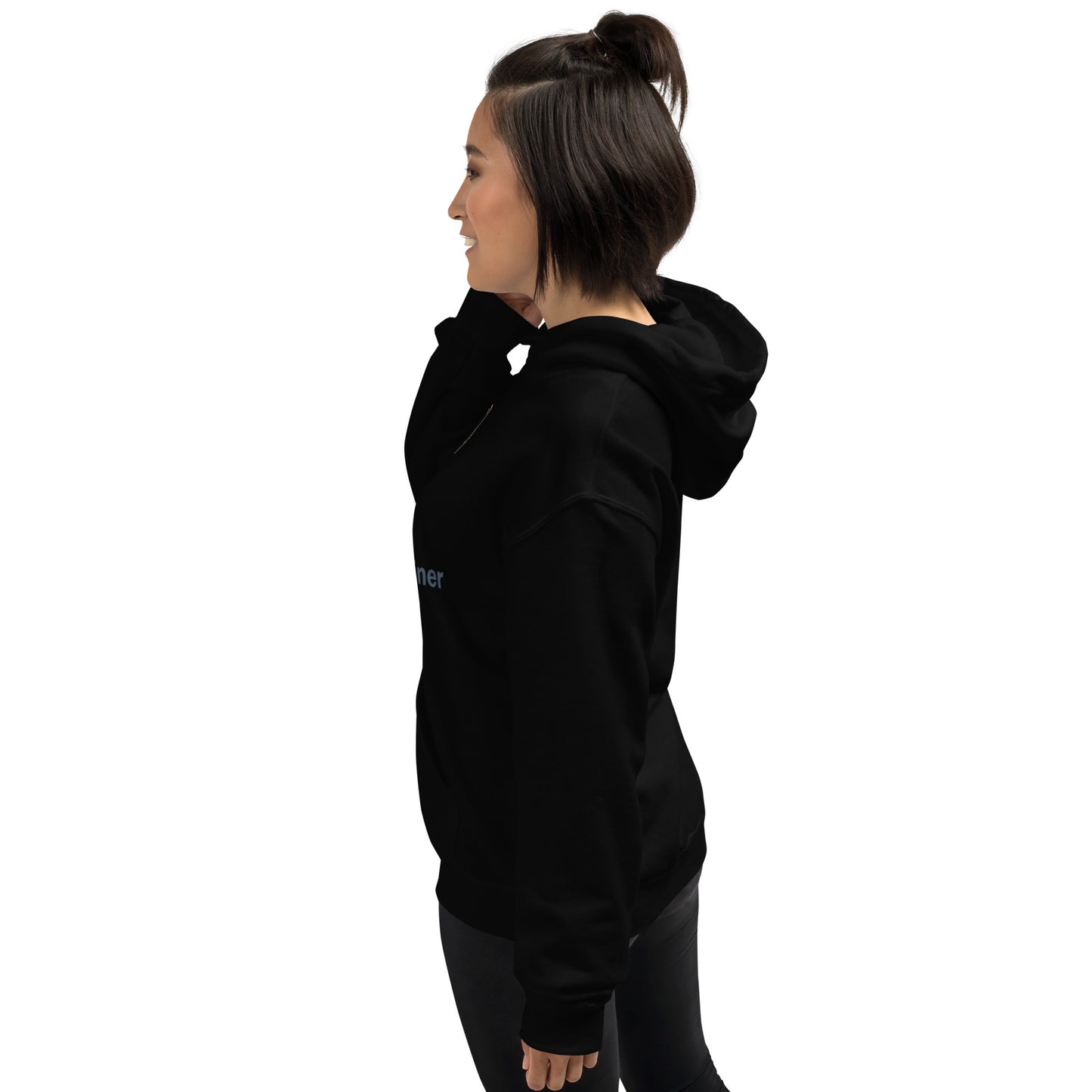 Hoodie in black with hood and kangaroo pocket; side/back view