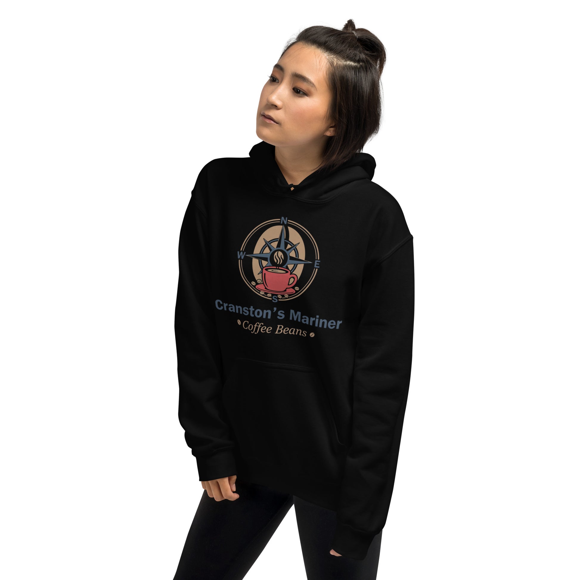 Hoodie in black with hood, kangaroo pocket, and mariner coffee beans chest graphic