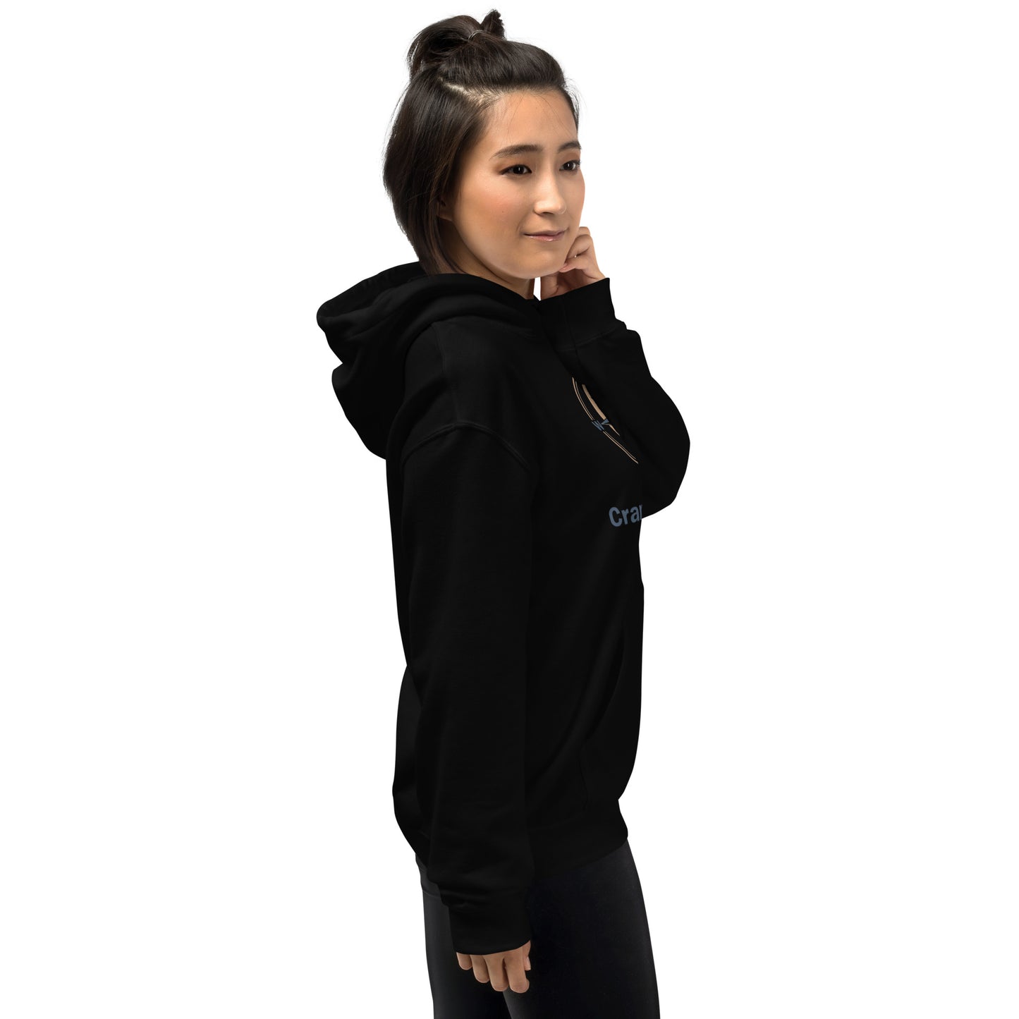 Hoodie in black with hood and long sleeves; side view
