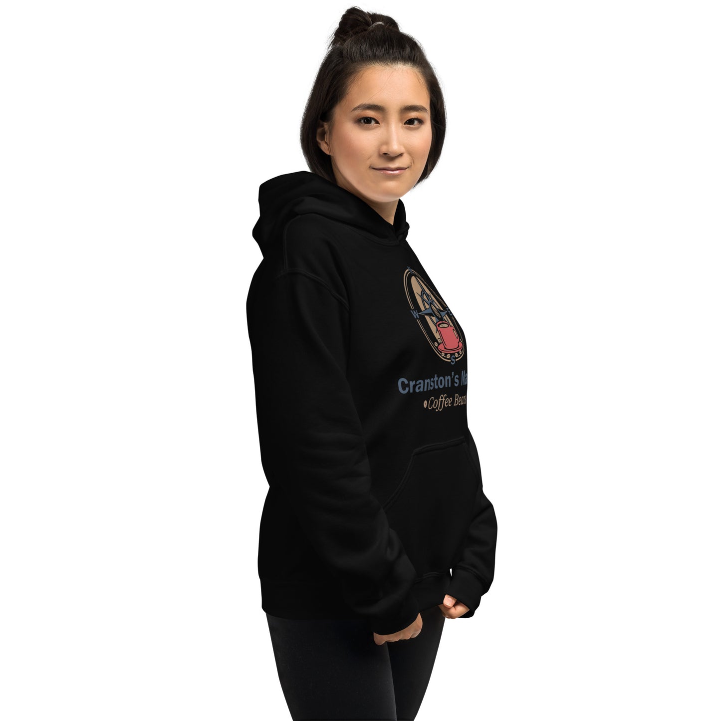 Hoodie in black with hood, kangaroo pocket, and mariner coffee logo at chest