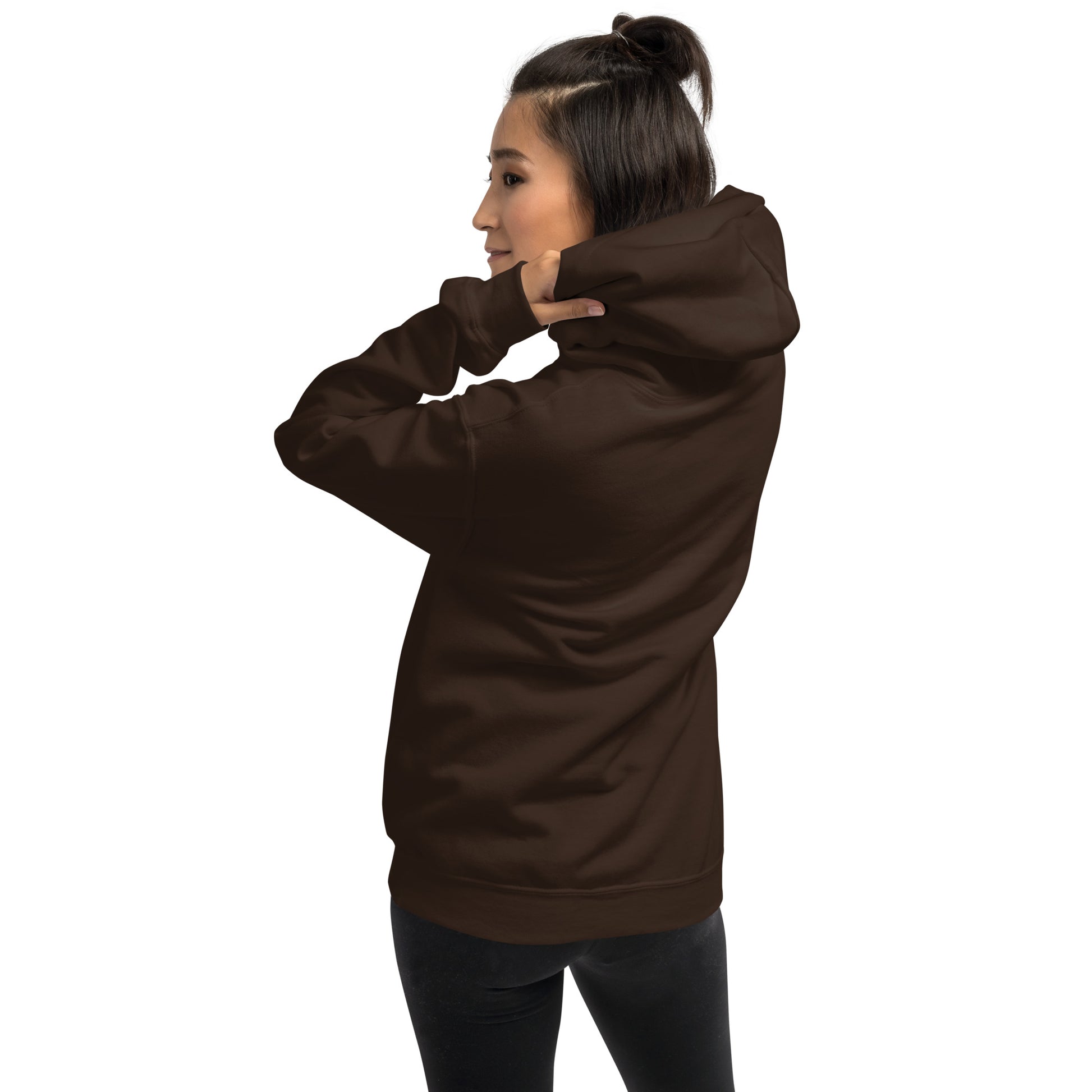 Unisex hoodie, dark brown, back view with hood and kangaroo pocket