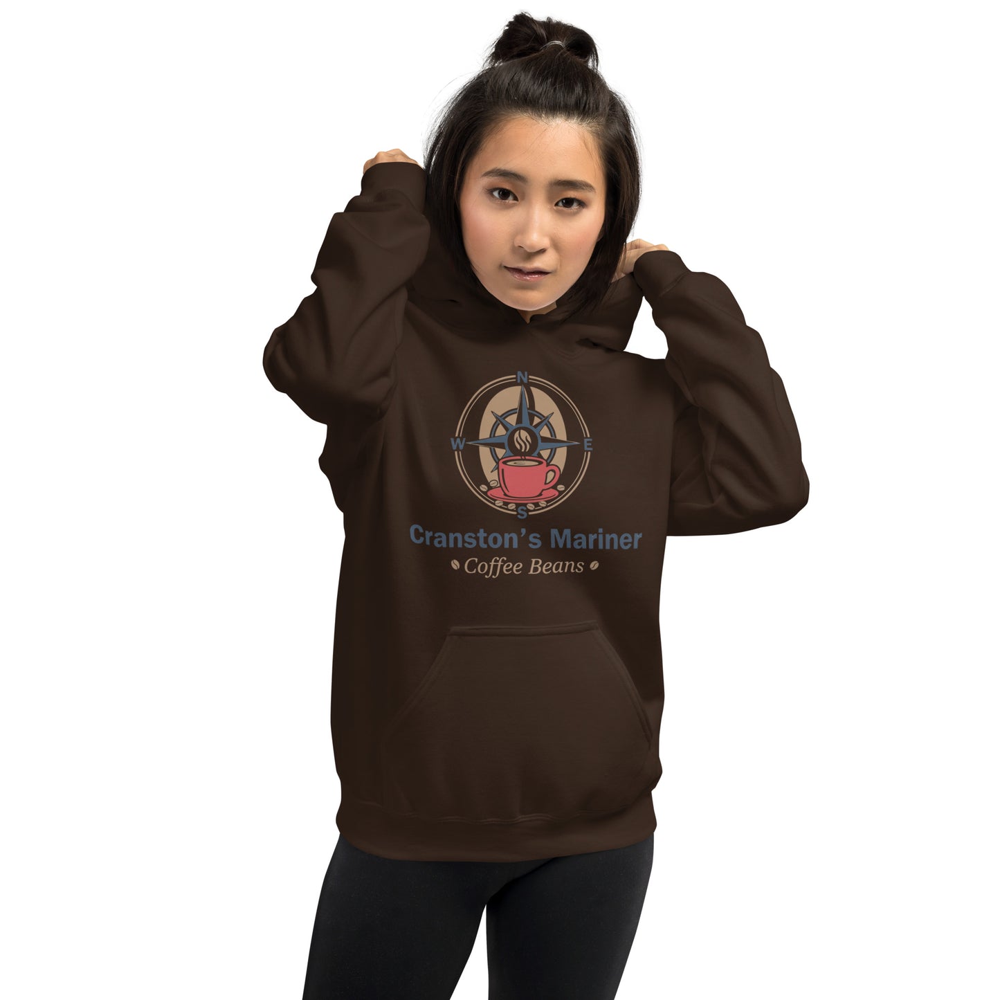 Unisex dark brown hoodie with front pocket and drawstring hood