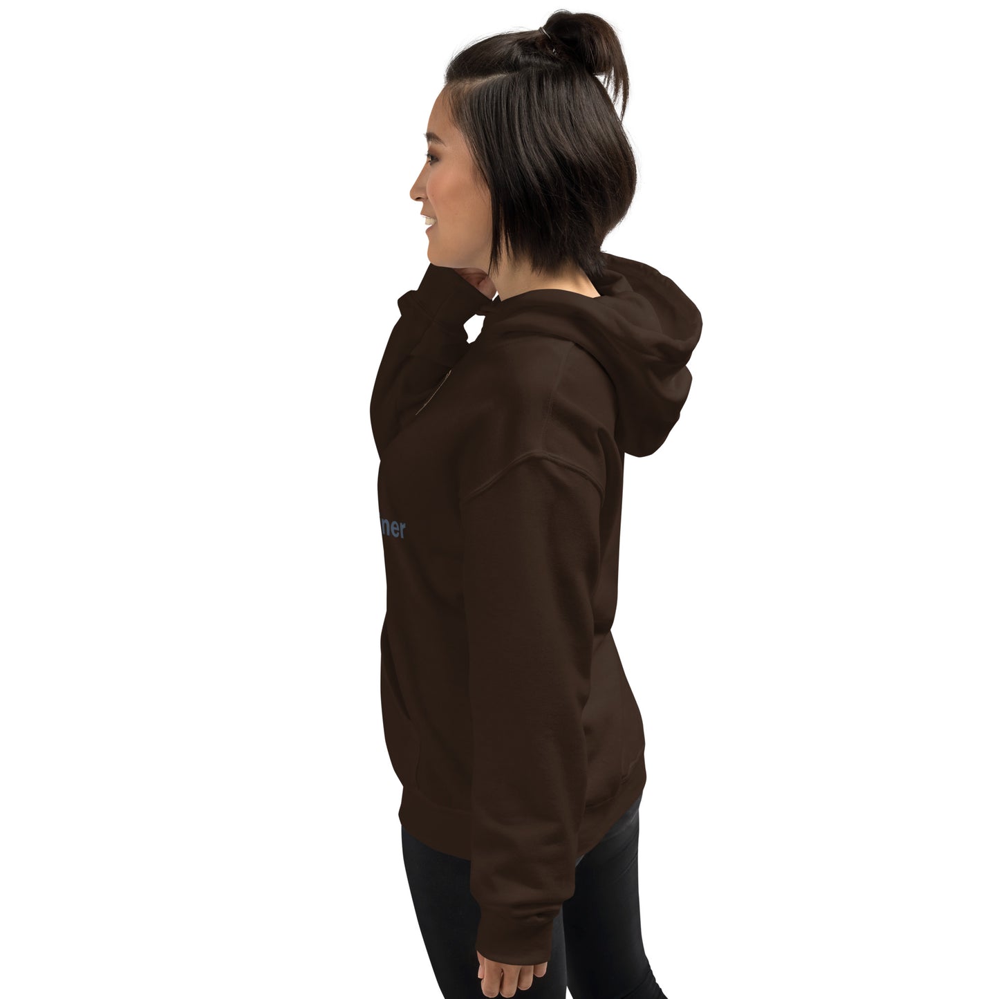 Unisex hoodie, dark brown, back/side view with hood and kangaroo pocket