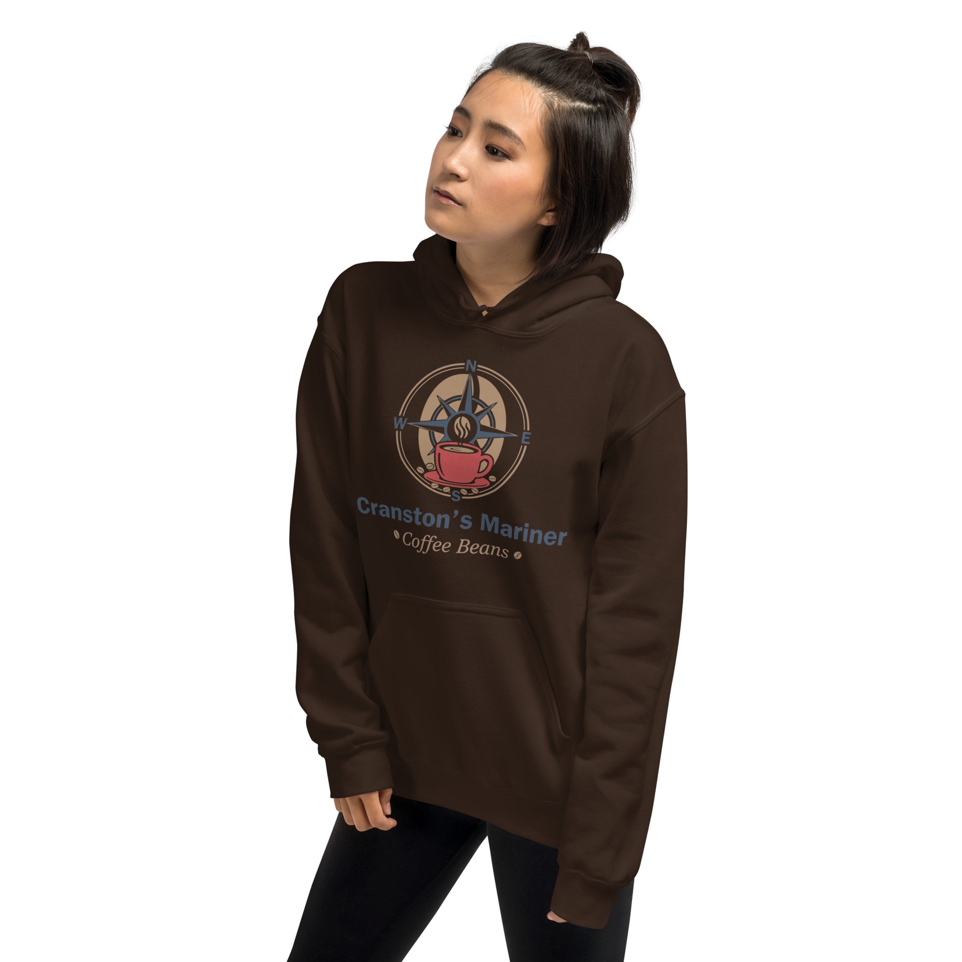 Unisex hoodie, dark brown, front graphic, hood and kangaroo pocket