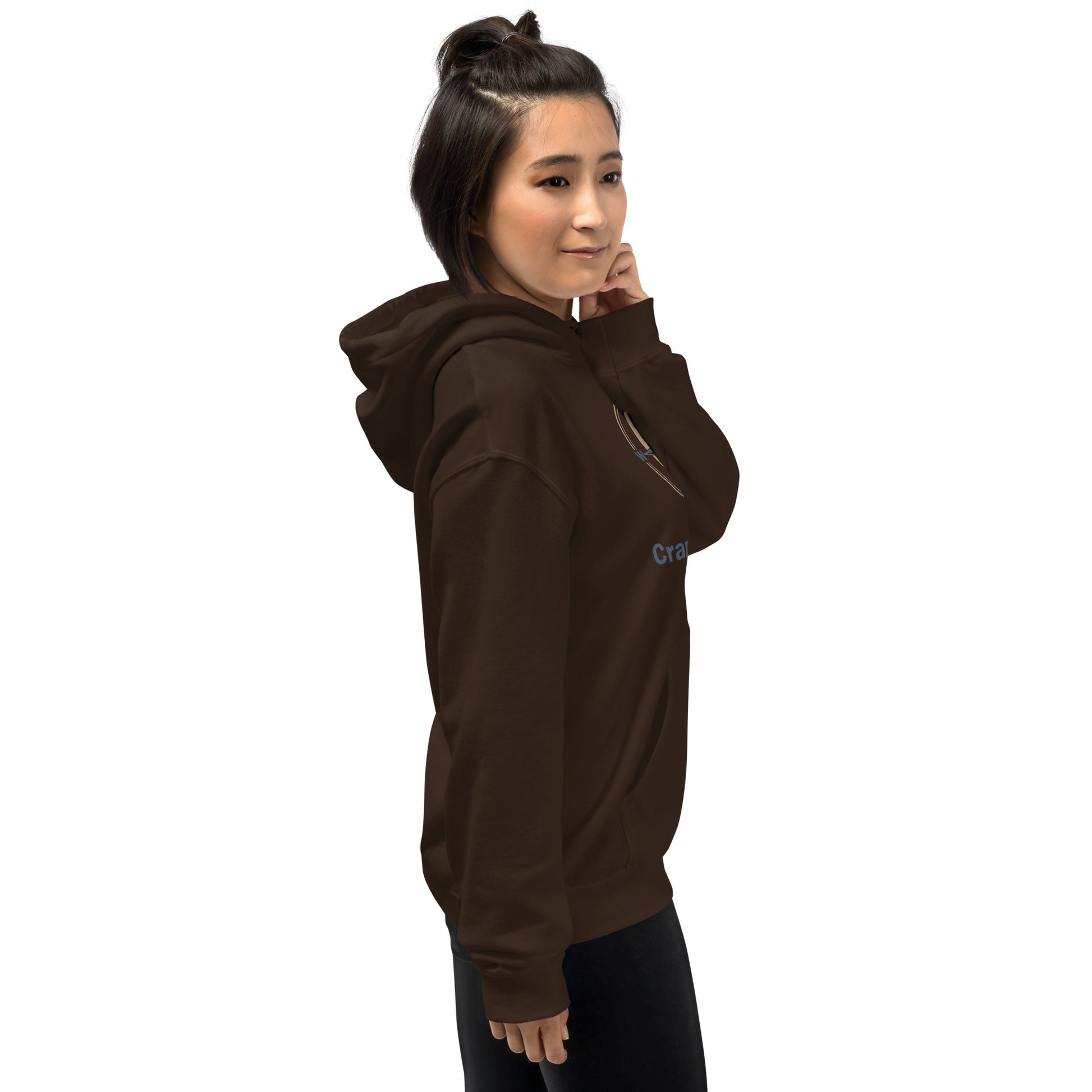 Unisex hoodie, dark brown, side view with hood and drawstrings