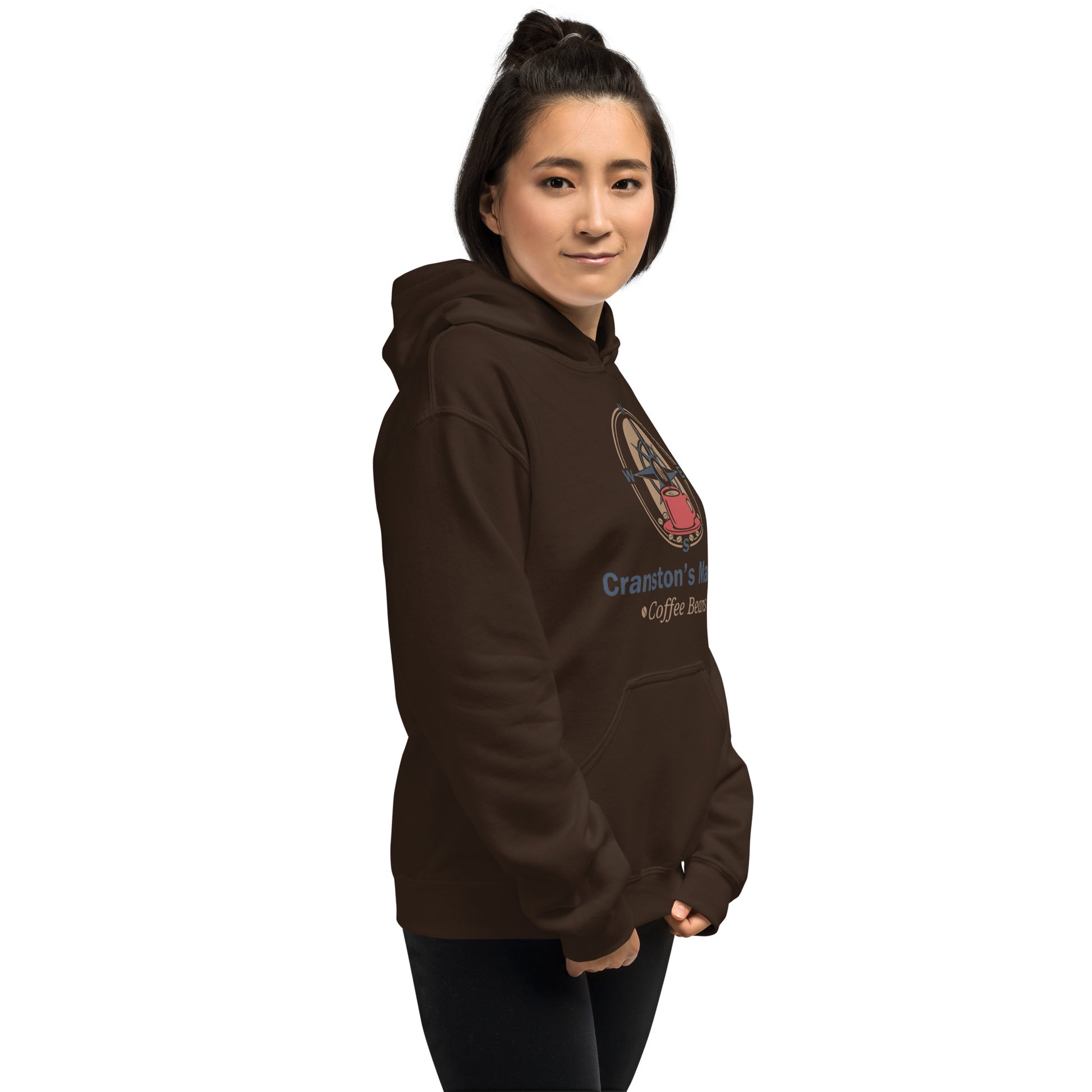 Unisex hoodie, dark brown, large chest graphic and kangaroo pocket