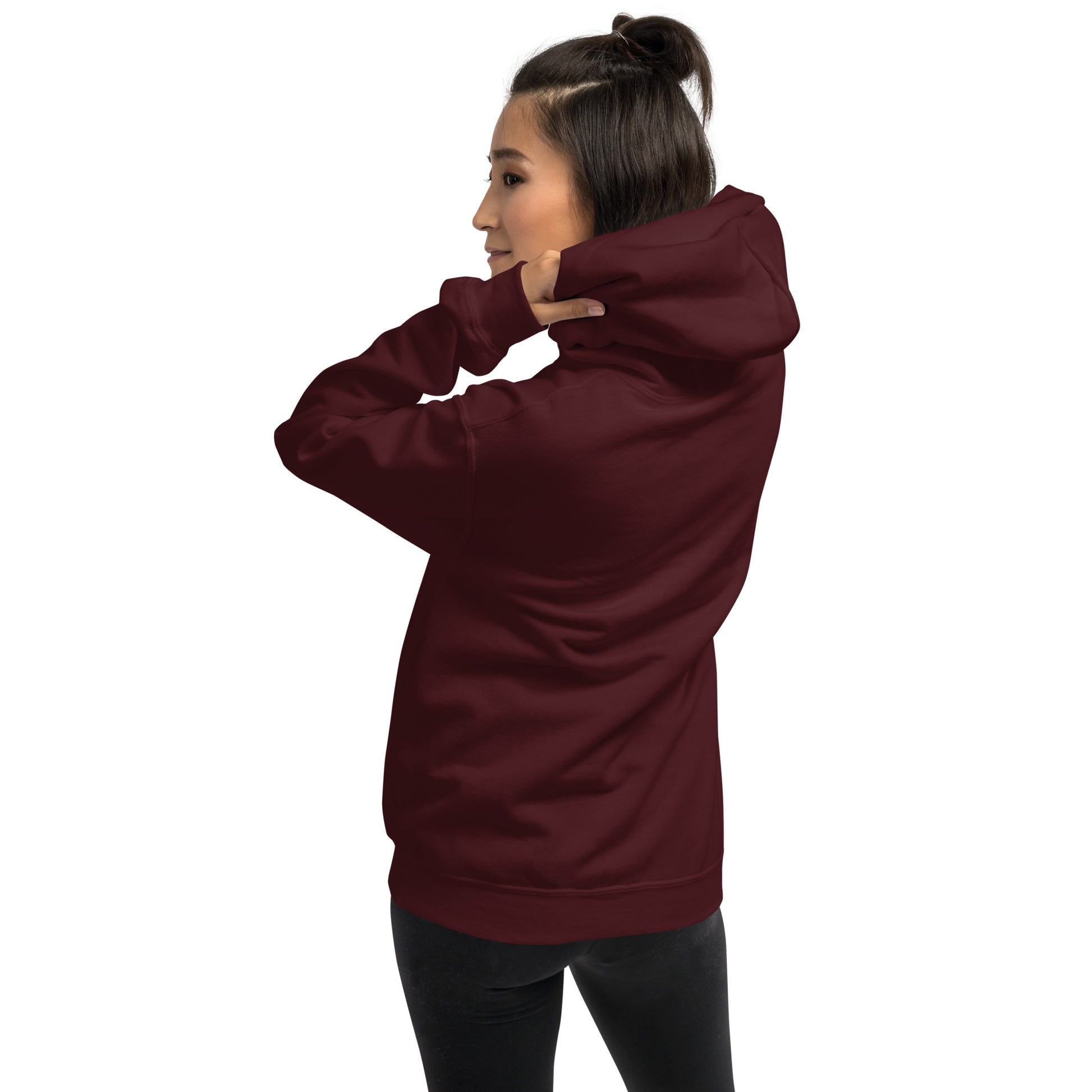 Unisex maroon hoodie, back view with hood and drawstring