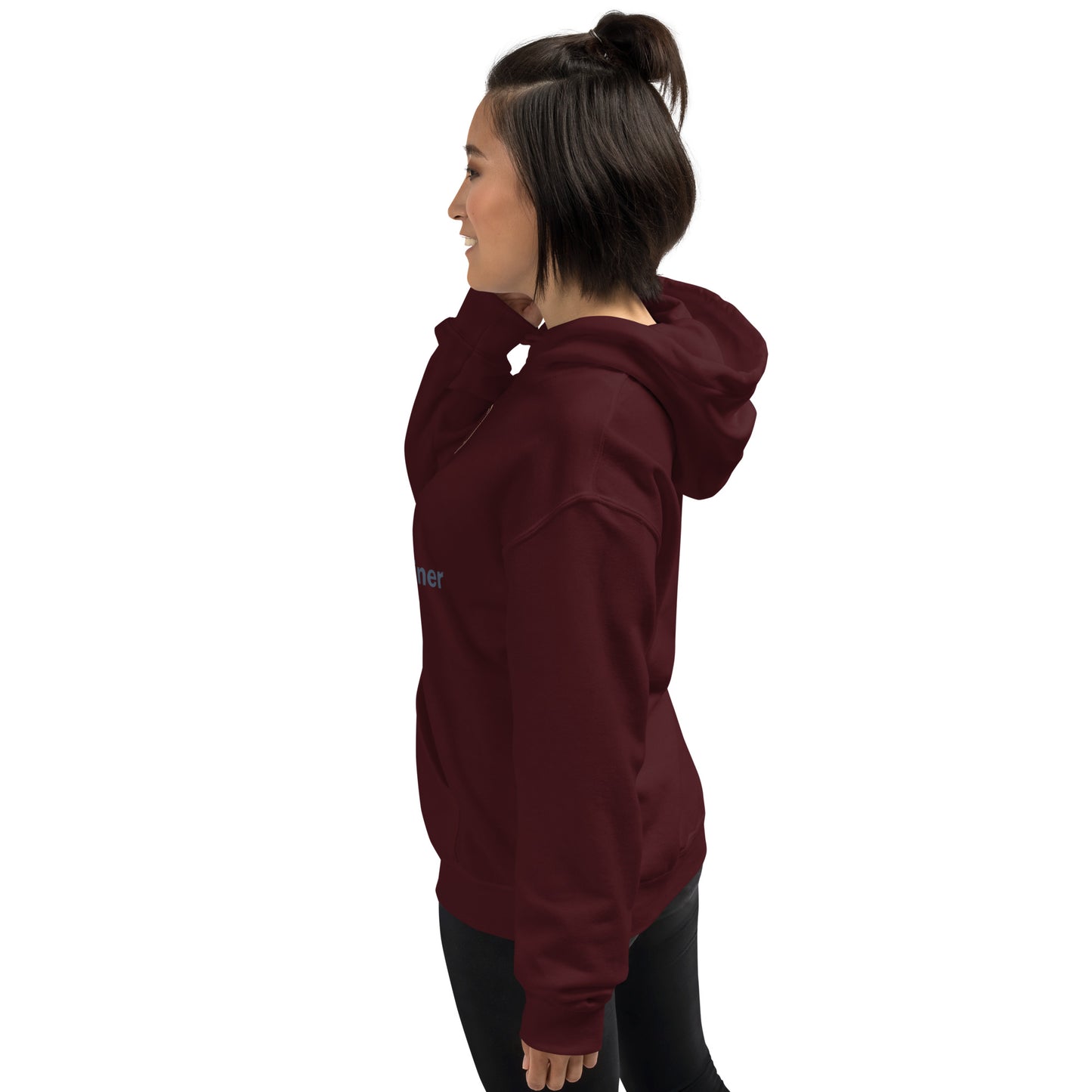 Unisex maroon hoodie, rear side view with hood