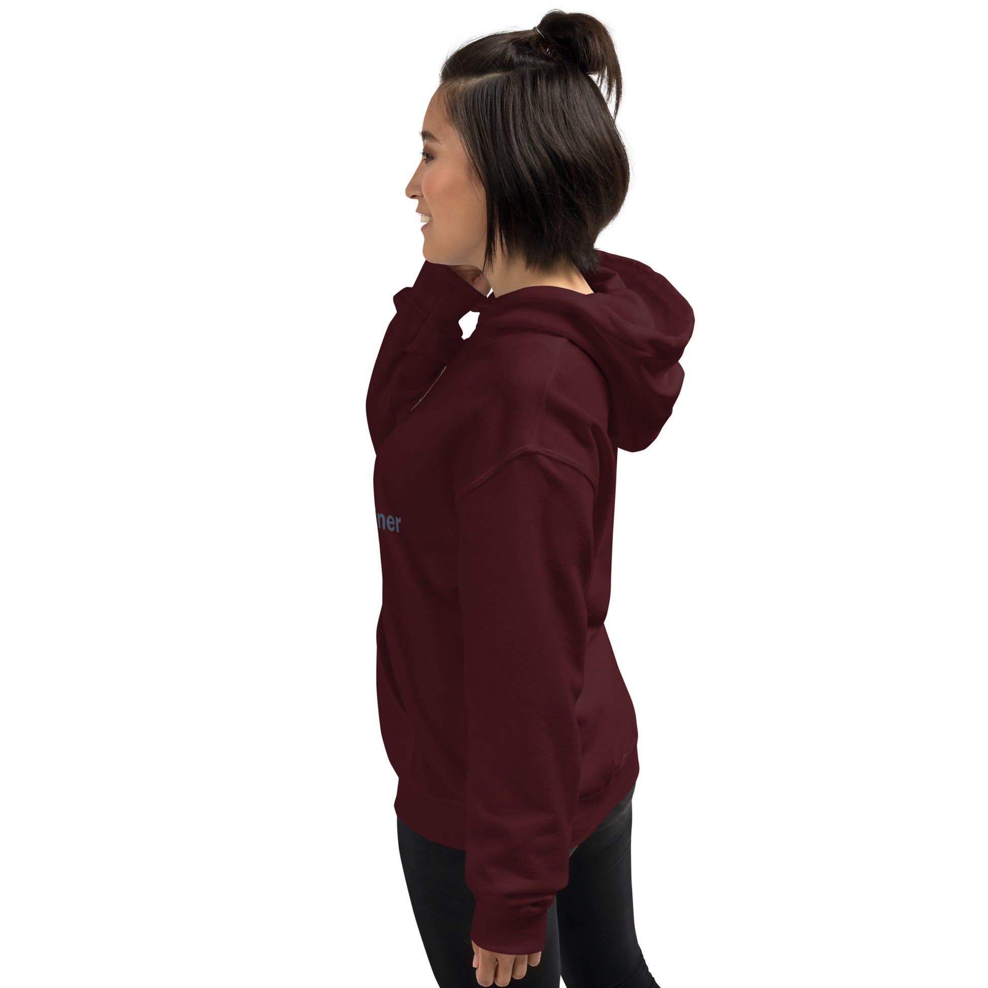 Unisex maroon hoodie, rear side view with hood