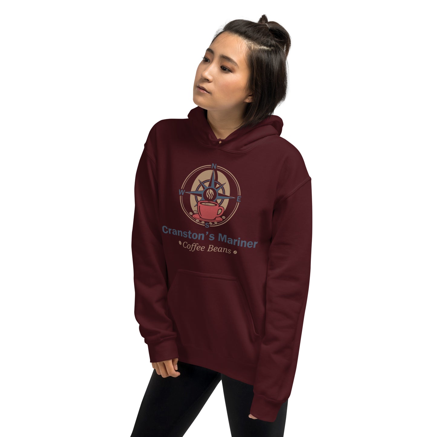 Unisex maroon hoodie front view with kangaroo pocket and hood strings