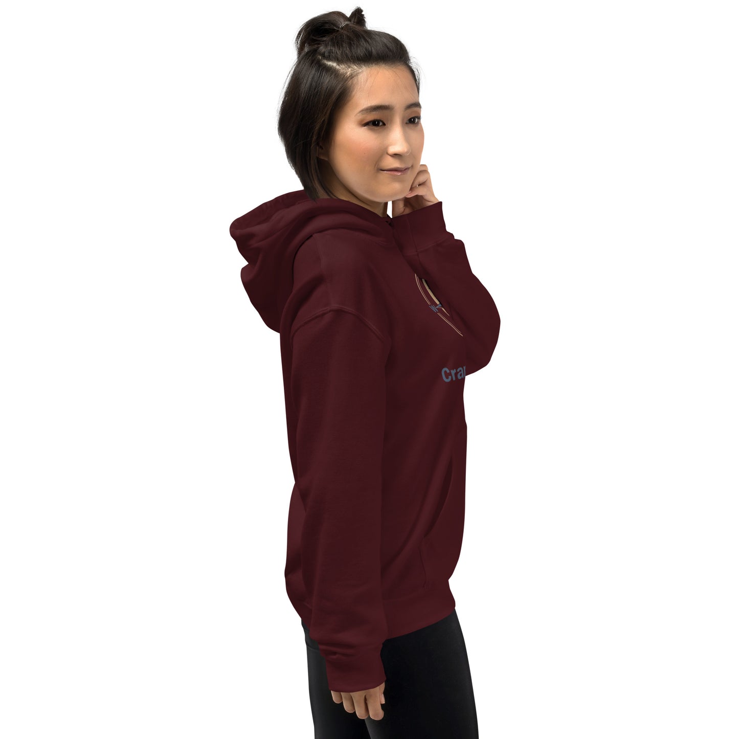 Unisex maroon hoodie, side view with hood and front pocket