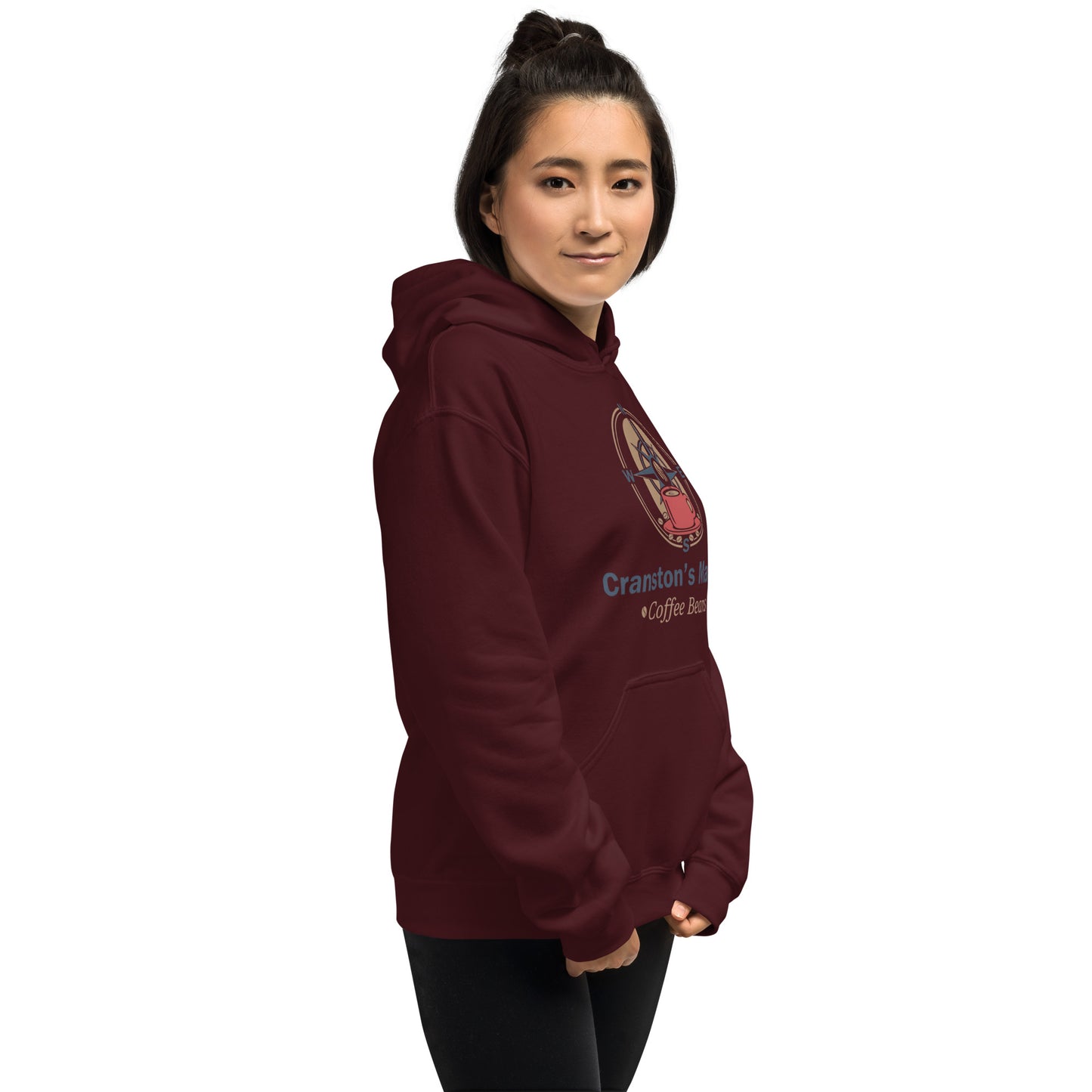 Unisex maroon hoodie, front view with chest graphic and hood