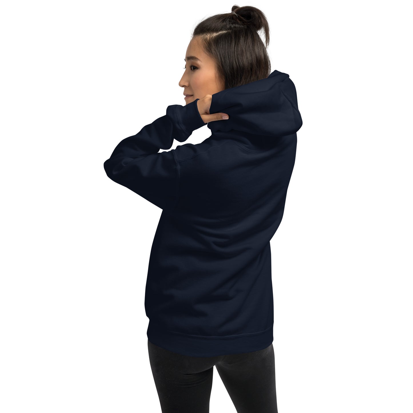Hoodie in navy with hood and long sleeves; back view