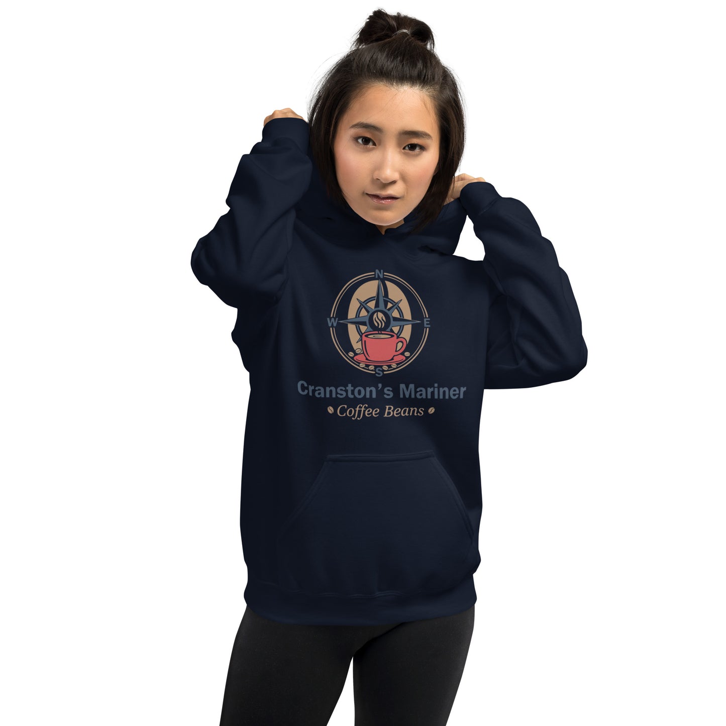 Hoodie in navy with hood, kangaroo pocket, and mariner coffee beans front graphic
