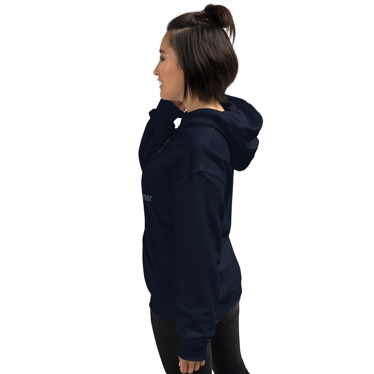 Hoodie in navy with hood and kangaroo pocket; side/back view