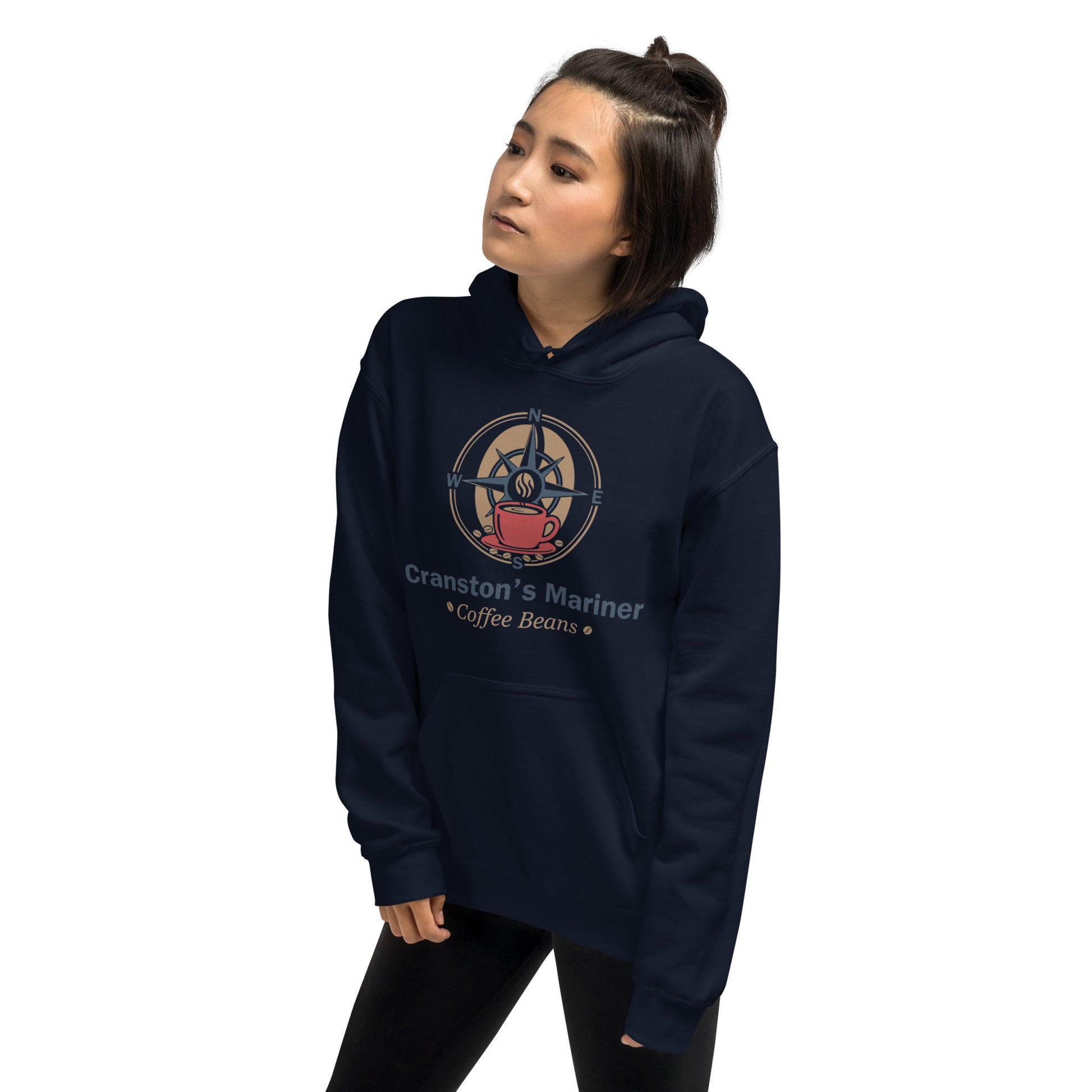 Unisex navy hoodie with front pocket and drawstring hood