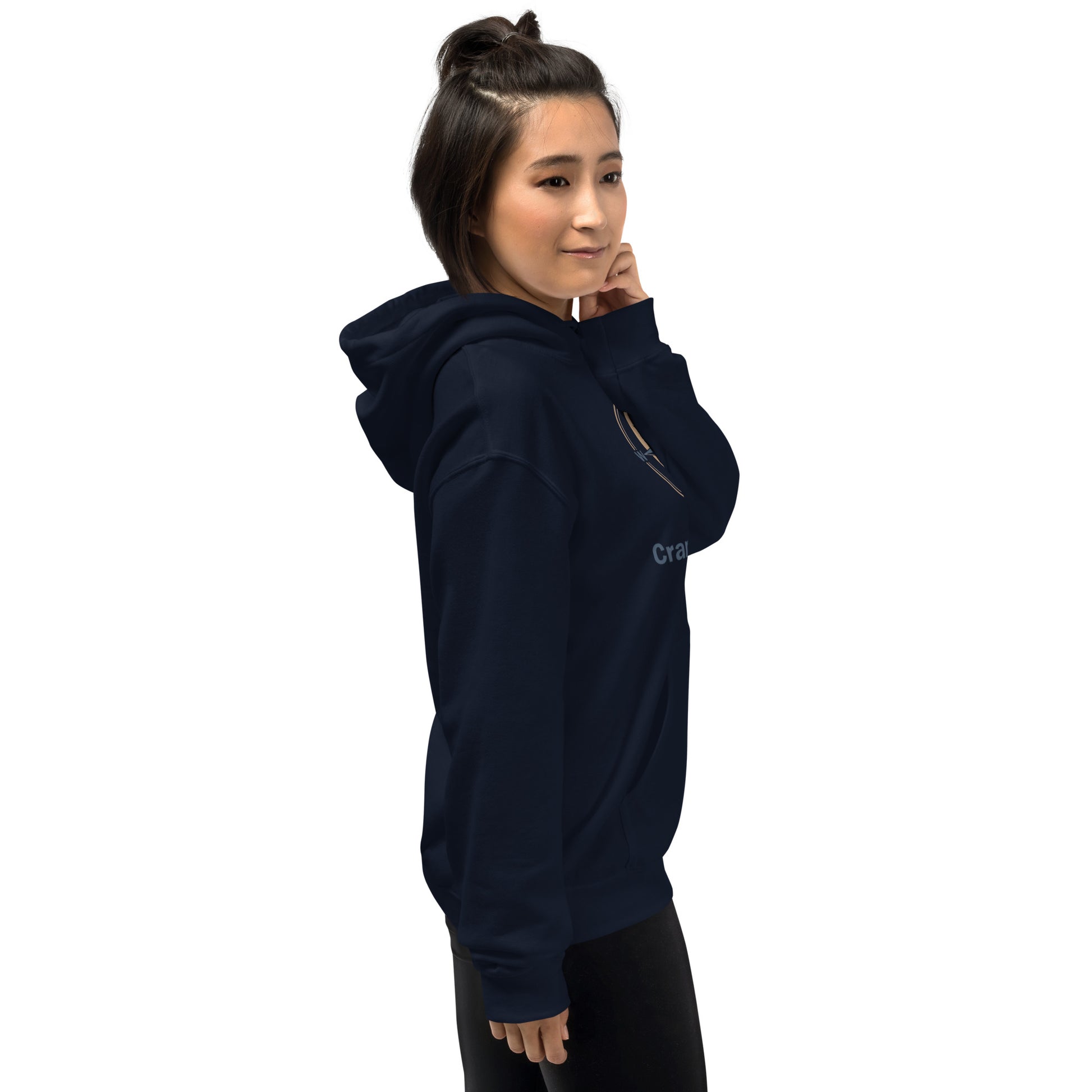 Unisex navy hoodie, side view, front pocket and drawstring hood
