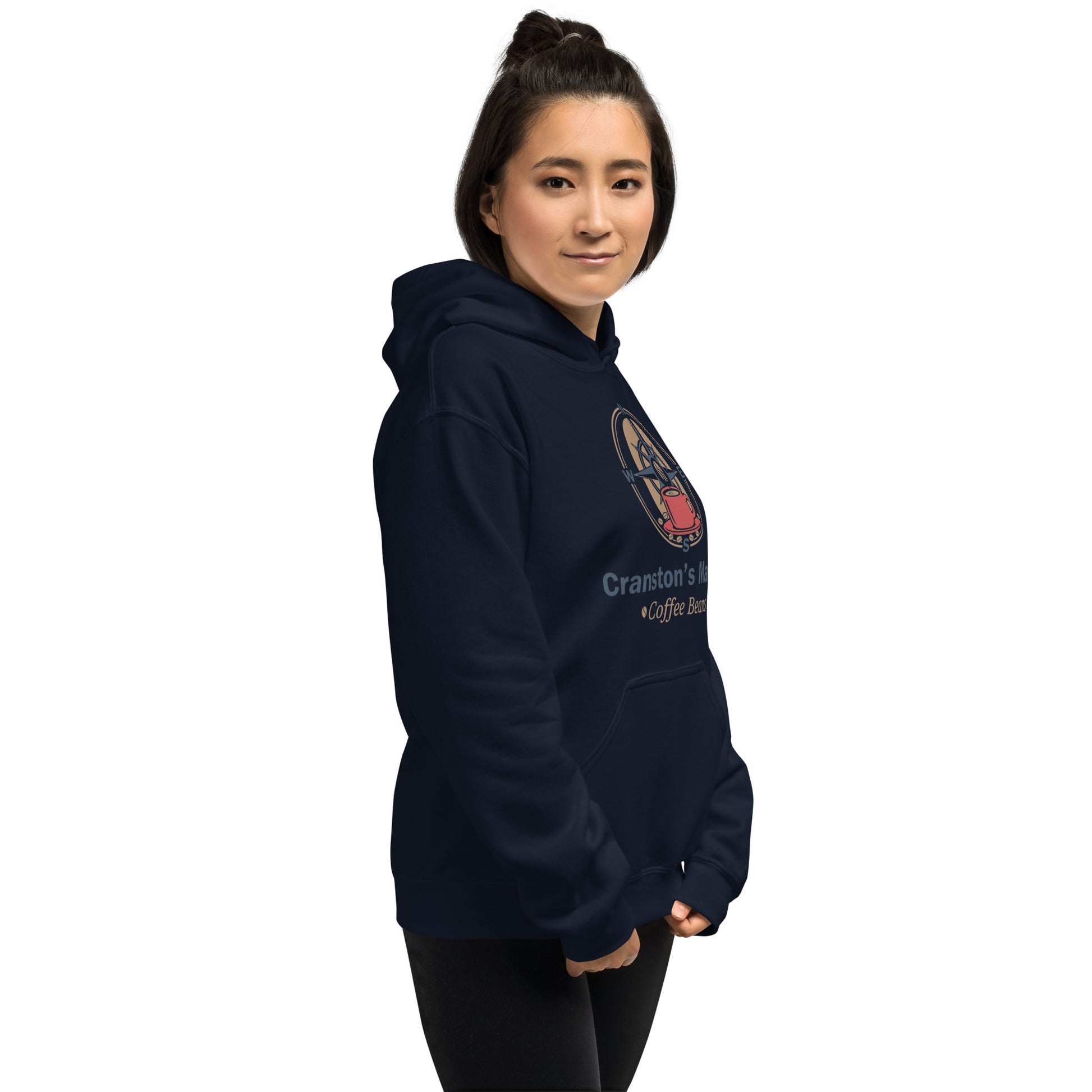 Unisex navy pullover hoodie with kangaroo pocket and hood strings