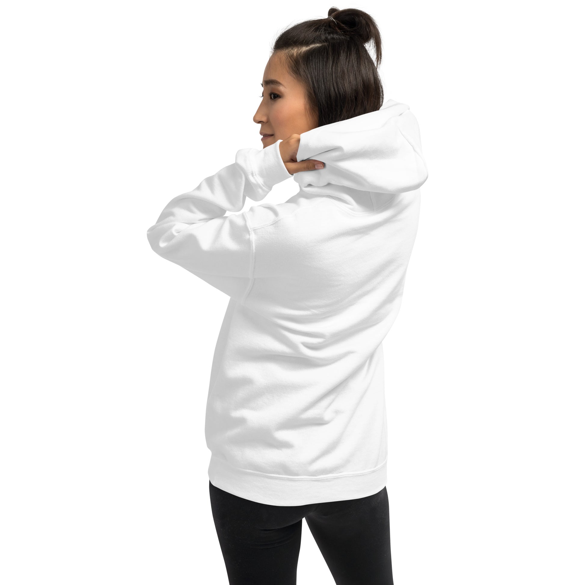 White unisex hoodie with hood and back view, kangaroo pocket