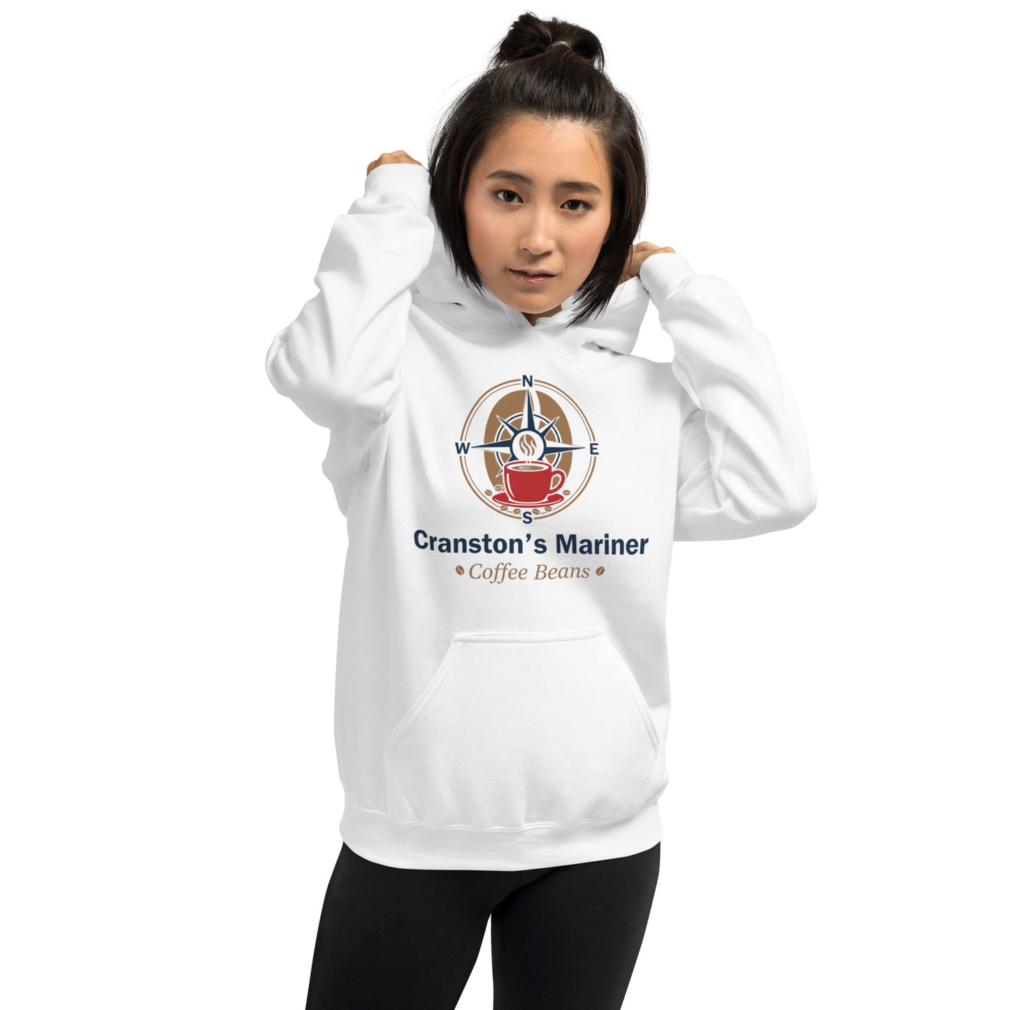 White unisex hoodie with front graphic, hood, and kangaroo pocket