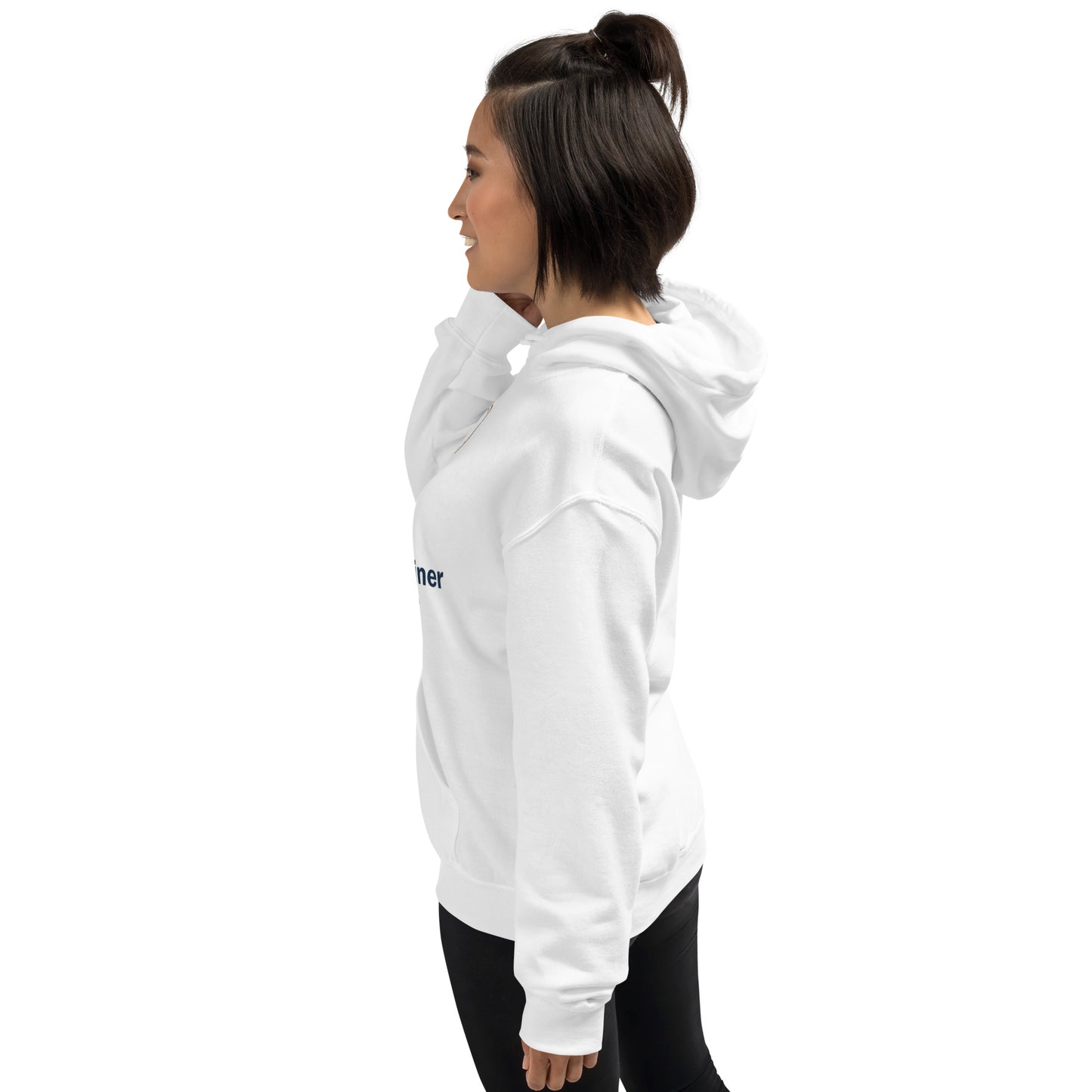 White unisex hoodie, side view with hood and kangaroo pocket
