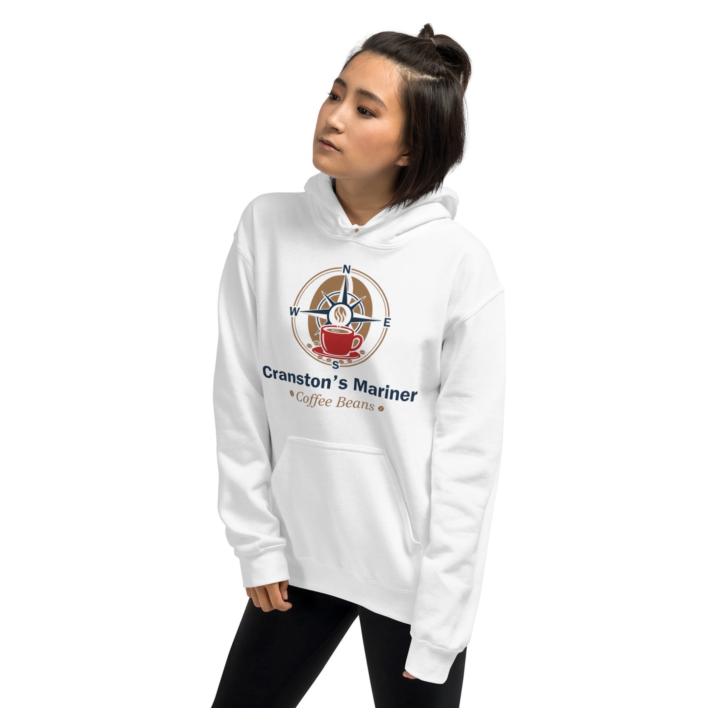 White unisex hoodie with front graphic and drawstring hood