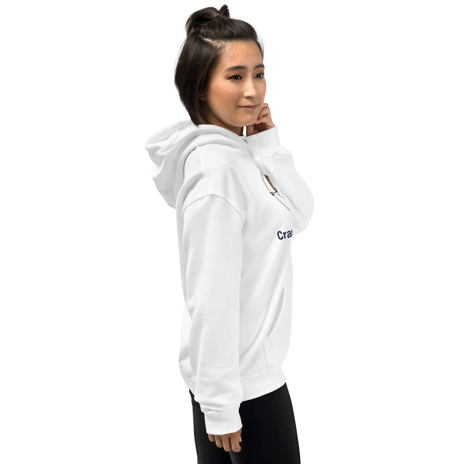 White unisex hoodie, side view with partial front graphic and hood