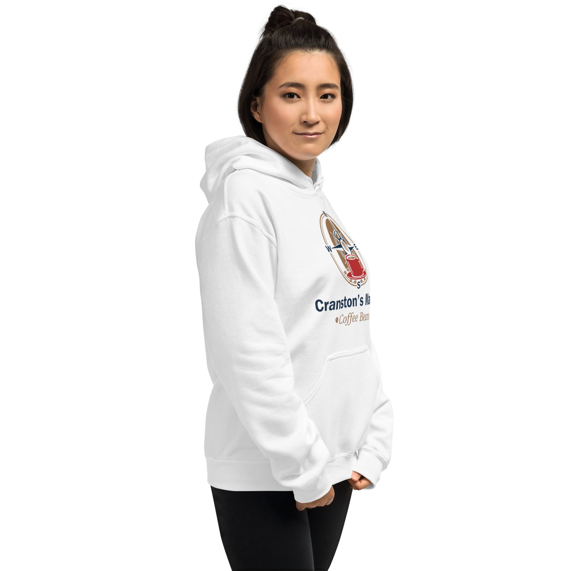 White unisex hoodie with front chest graphic, hood, and kangaroo pocket