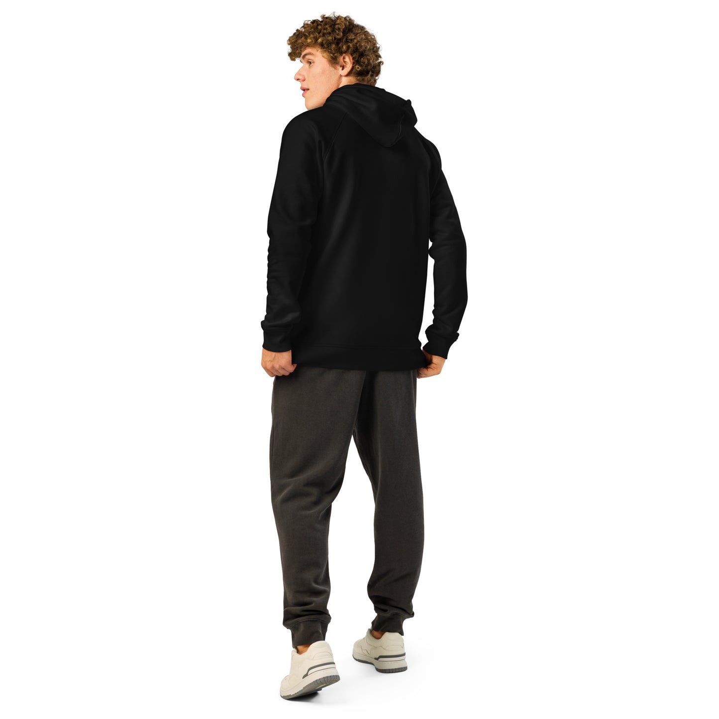 Black unisex organic hoodie back view with attached hood