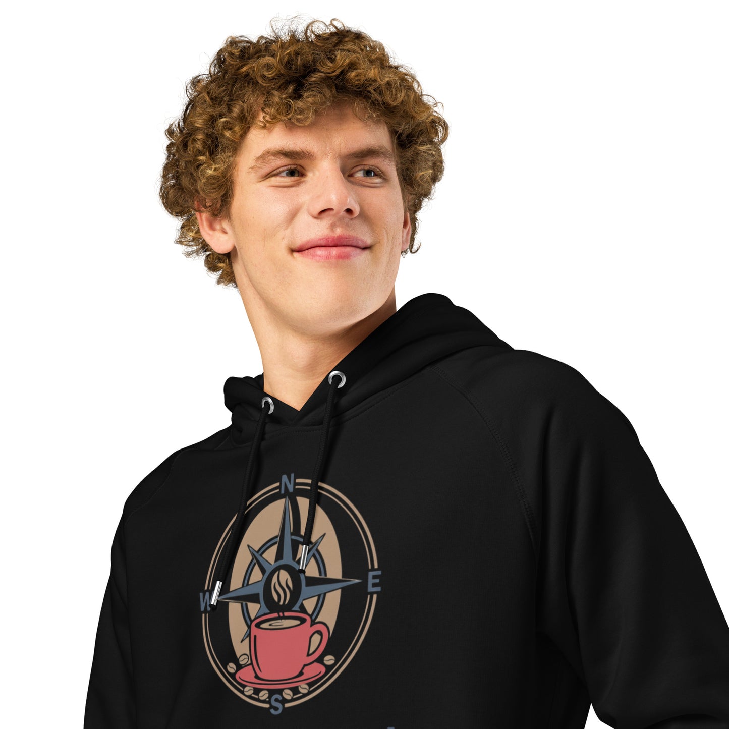 Black unisex hoodie with hood and front graphic print detail