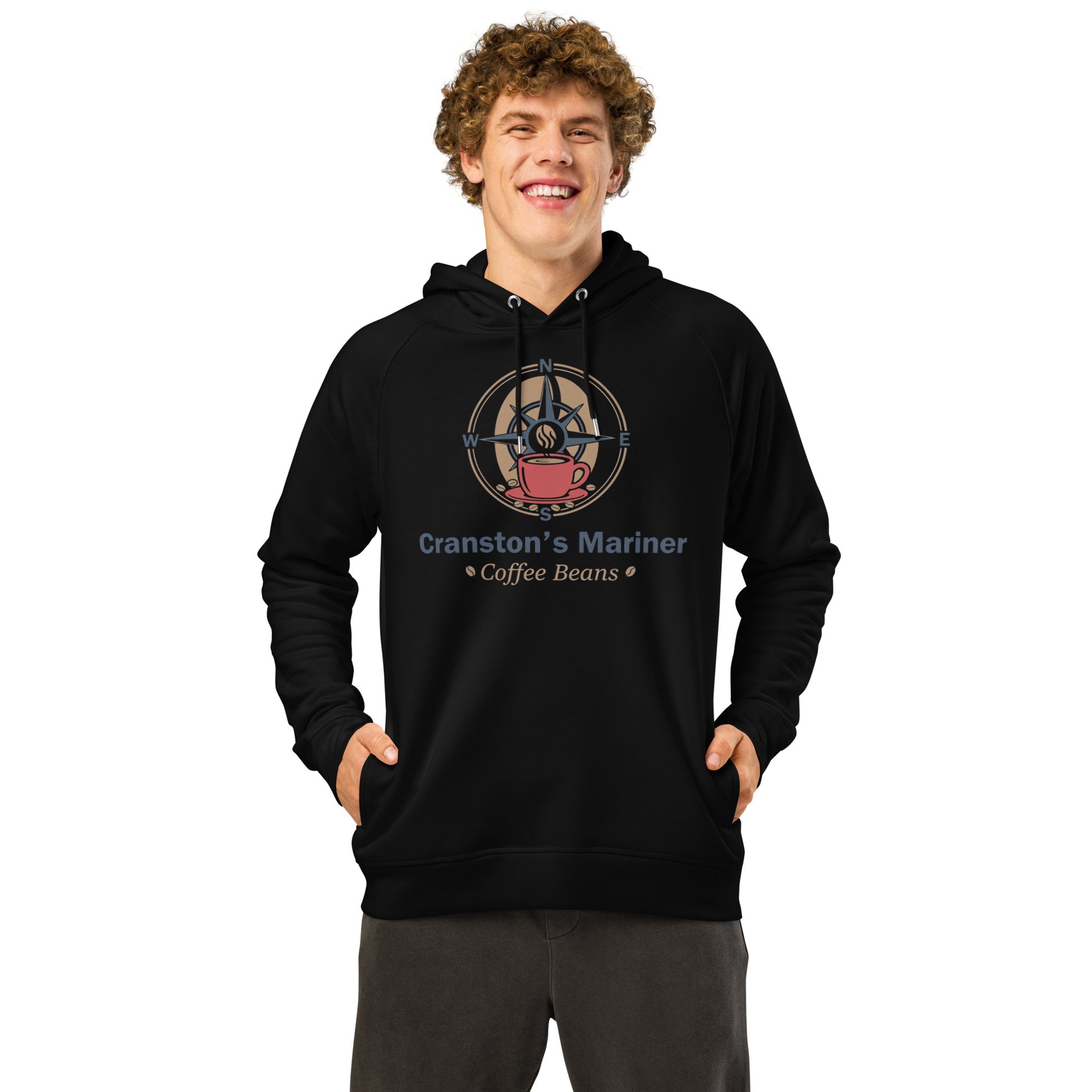 Black unisex organic hoodie with hood, drawstrings, and front graphic print