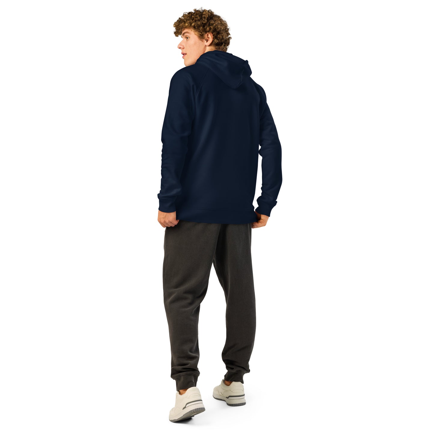 French navy unisex organic hoodie back view with attached hood
