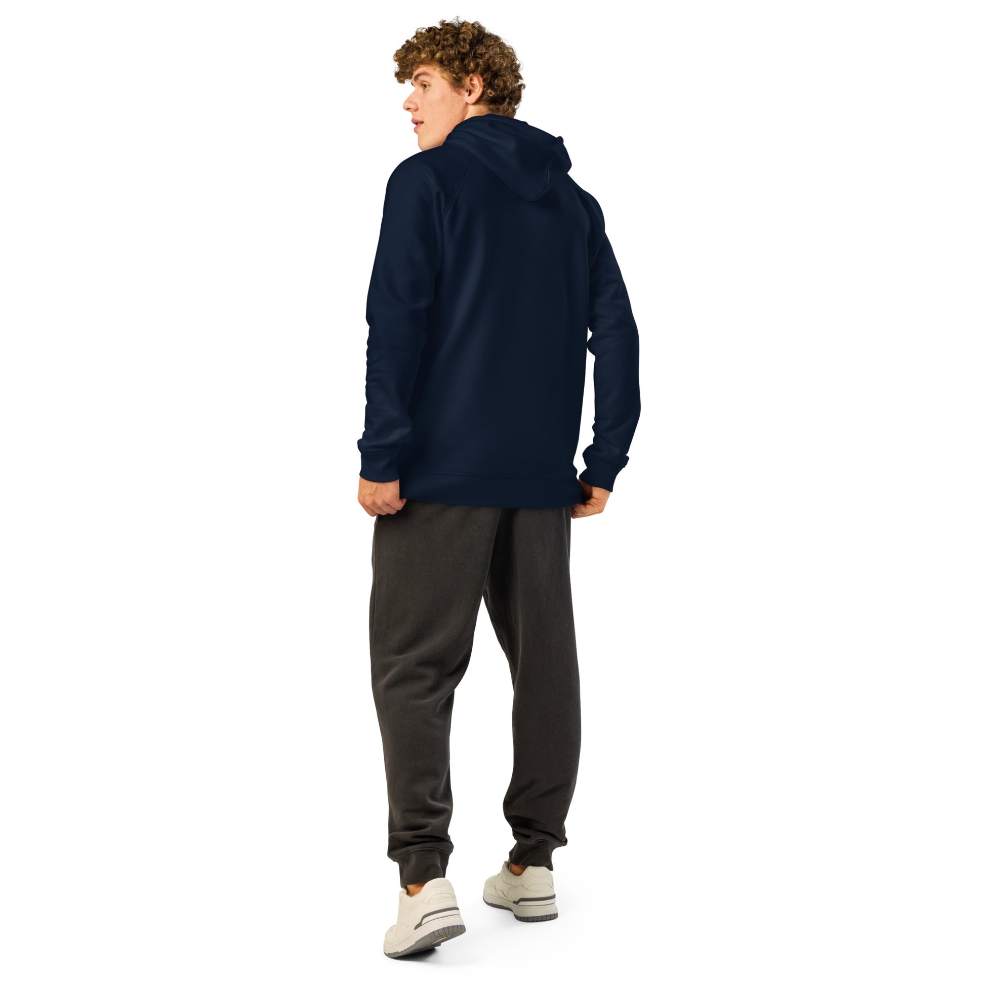 French navy unisex organic hoodie back view with attached hood