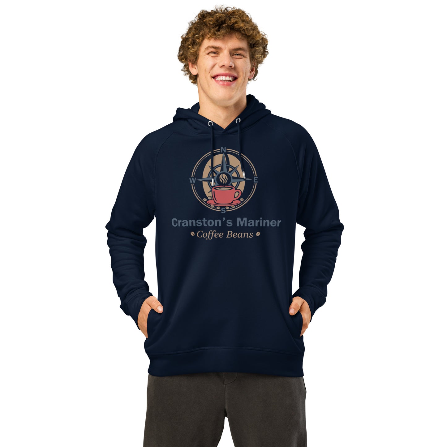 French navy unisex organic hoodie with hood, drawstrings, and front graphic print