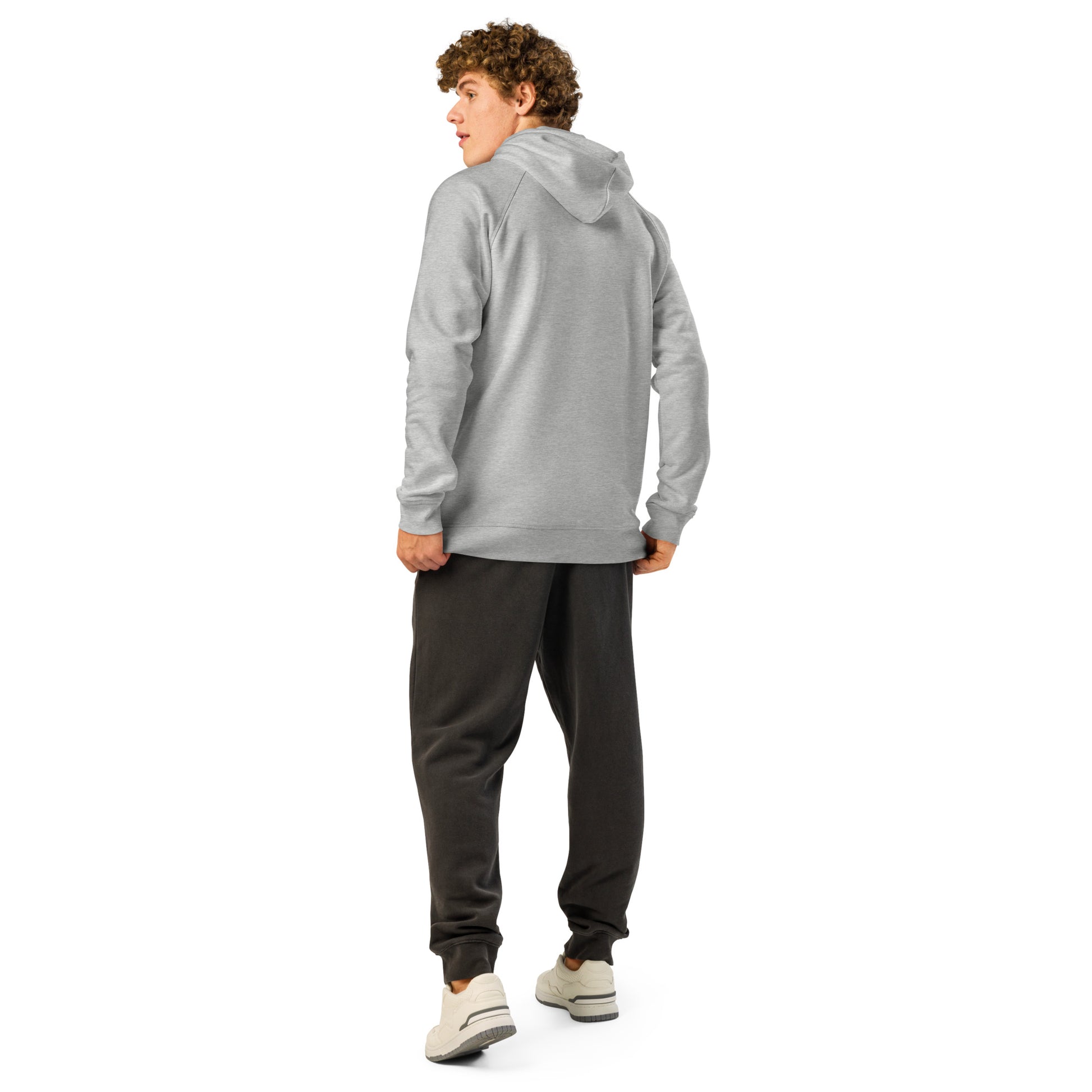 Heather grey unisex hoodie back view with hood and hem cuffs