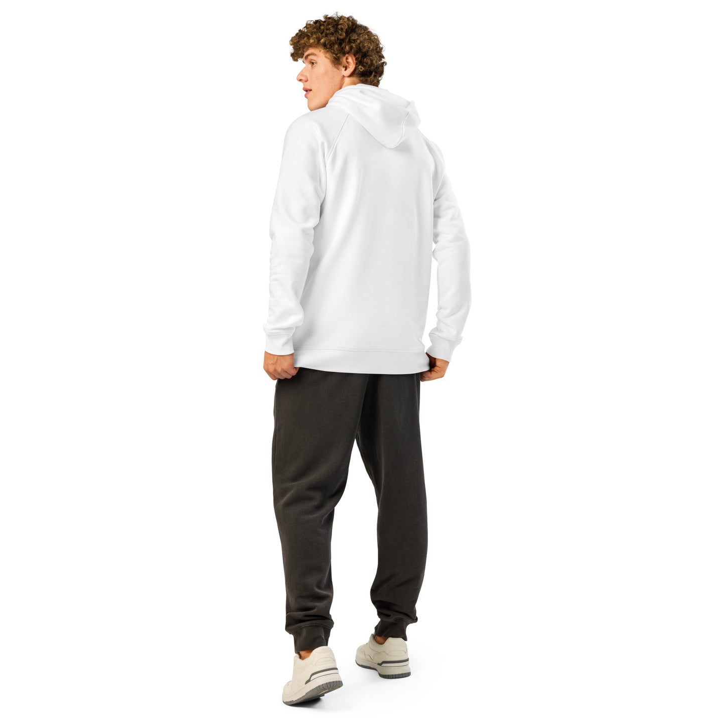 White unisex hoodie back view with hood and kangaroo pocket