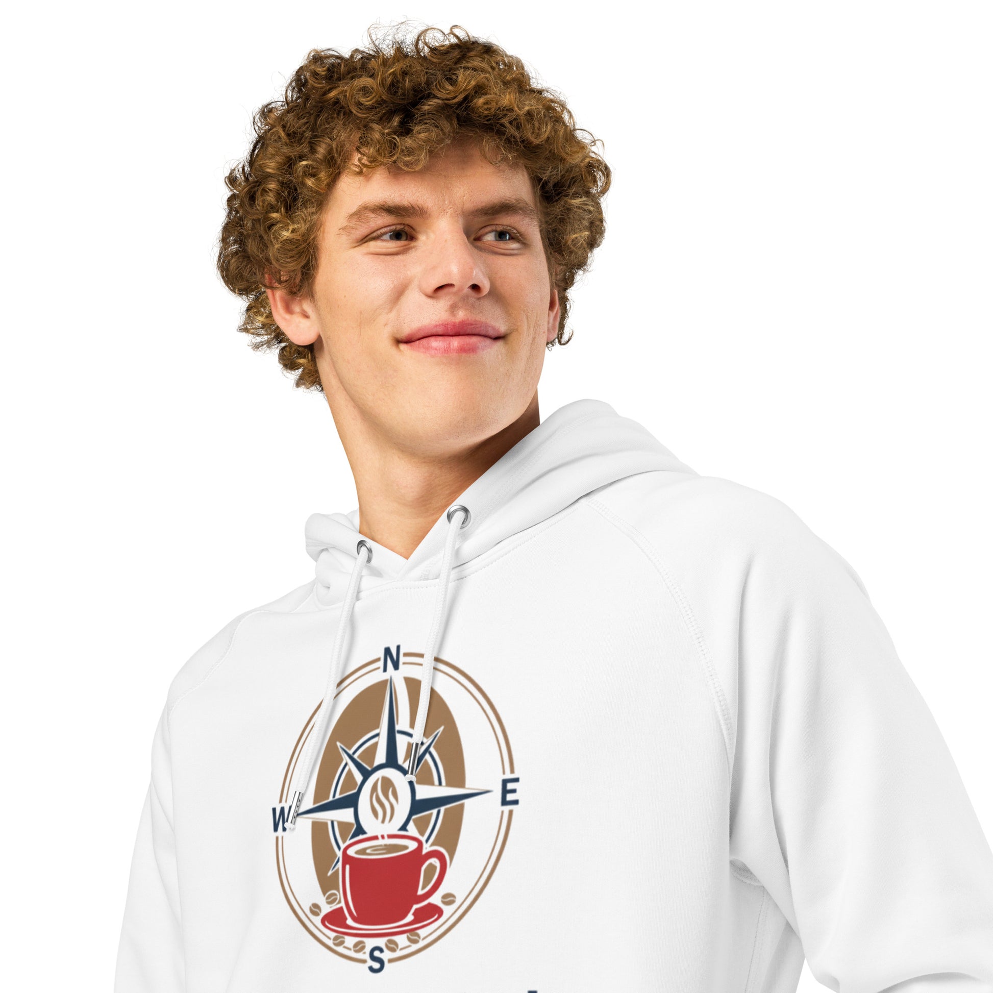 White unisex hoodie with front logo graphic and drawstring hood