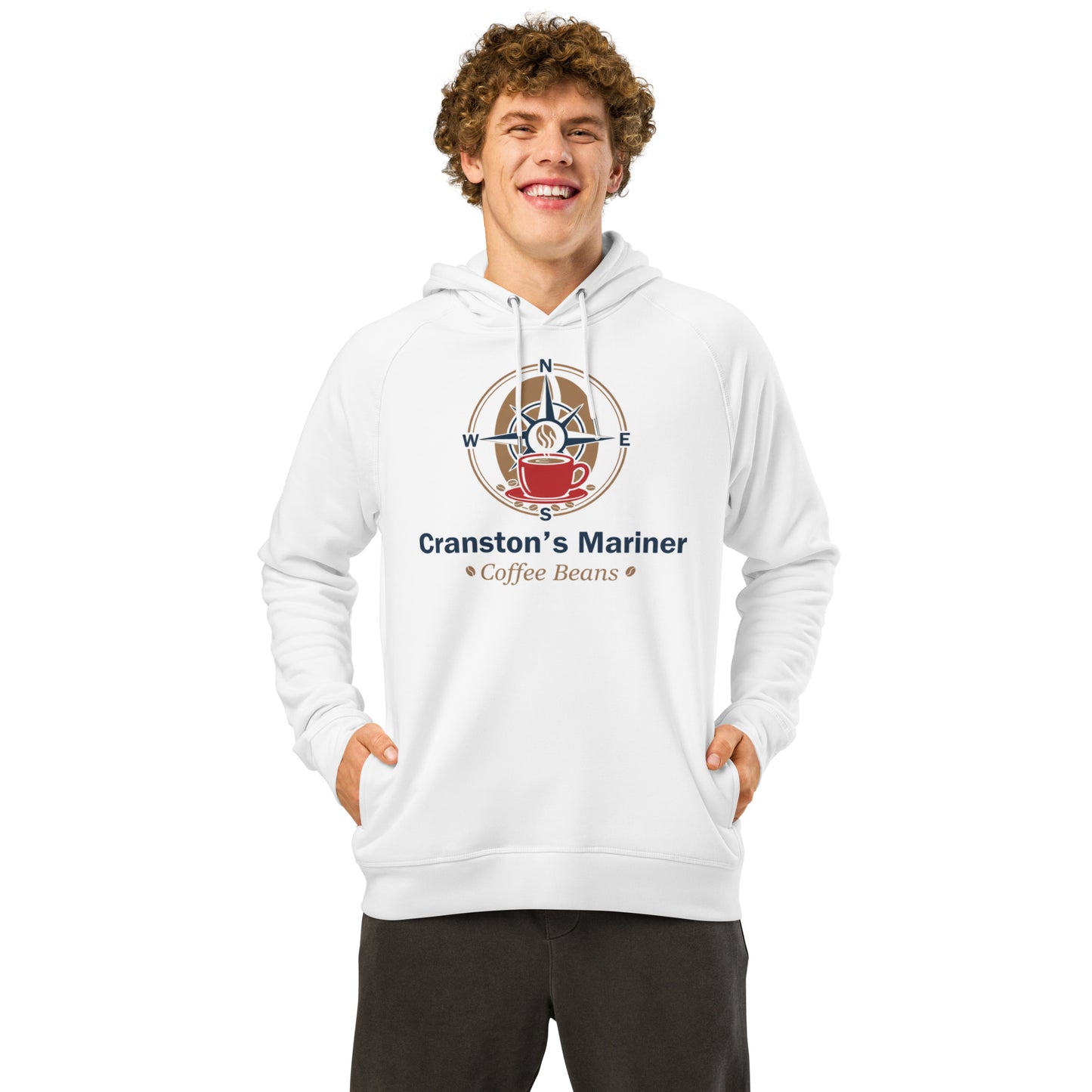 White unisex organic hoodie with hood, drawstrings, and front graphic print