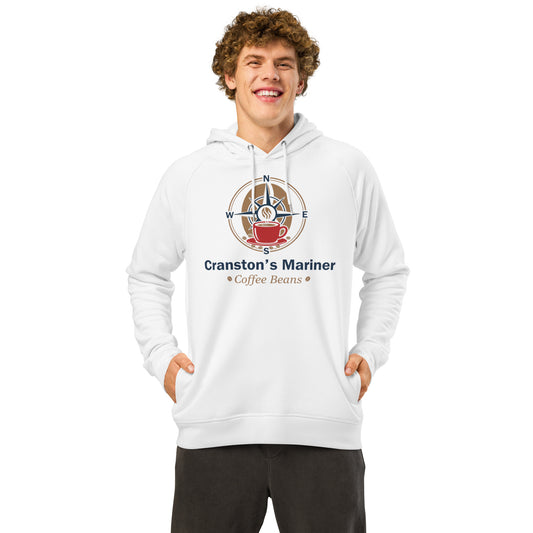 White unisex organic hoodie with hood, drawstrings, and front graphic print