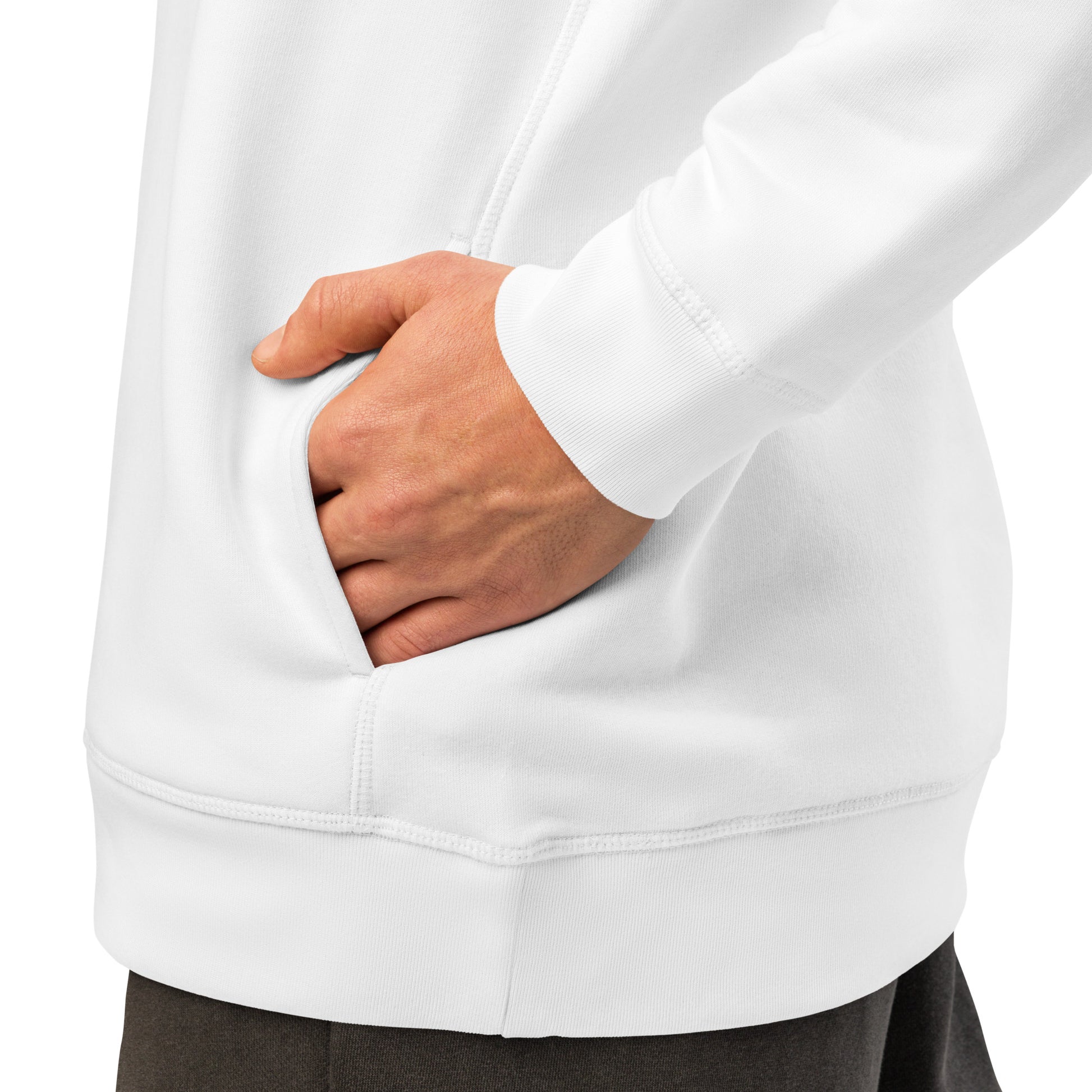 White unisex hoodie kangaroo pocket with hand