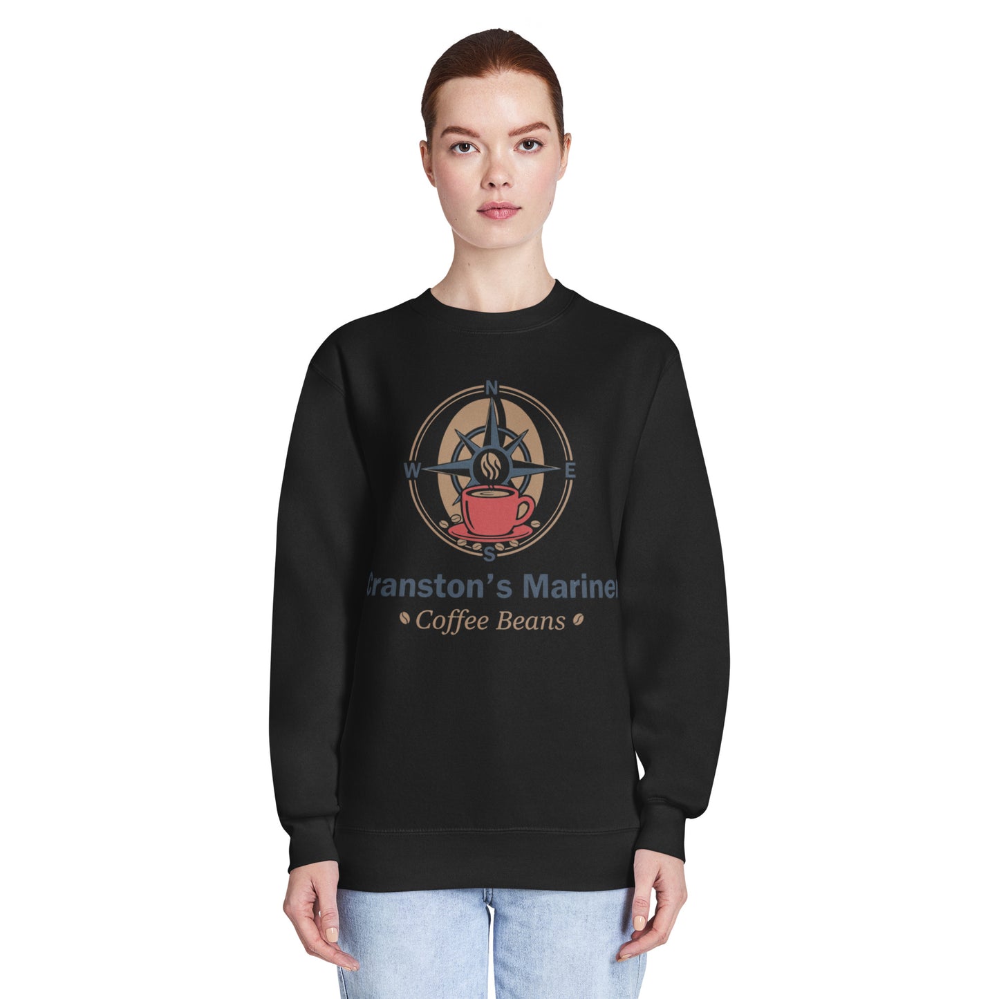 Black crew neck sweatshirt with front graphic print